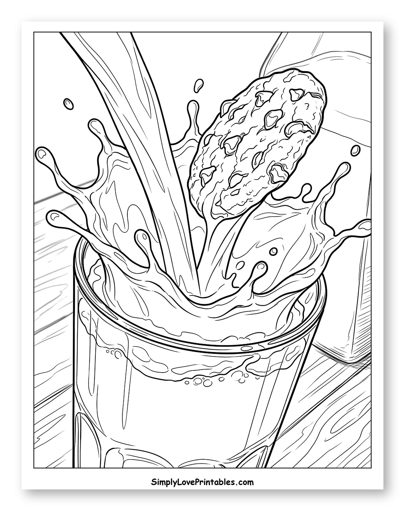 Delicious Cookie Splashing into Milk Glass Coloring Sheet