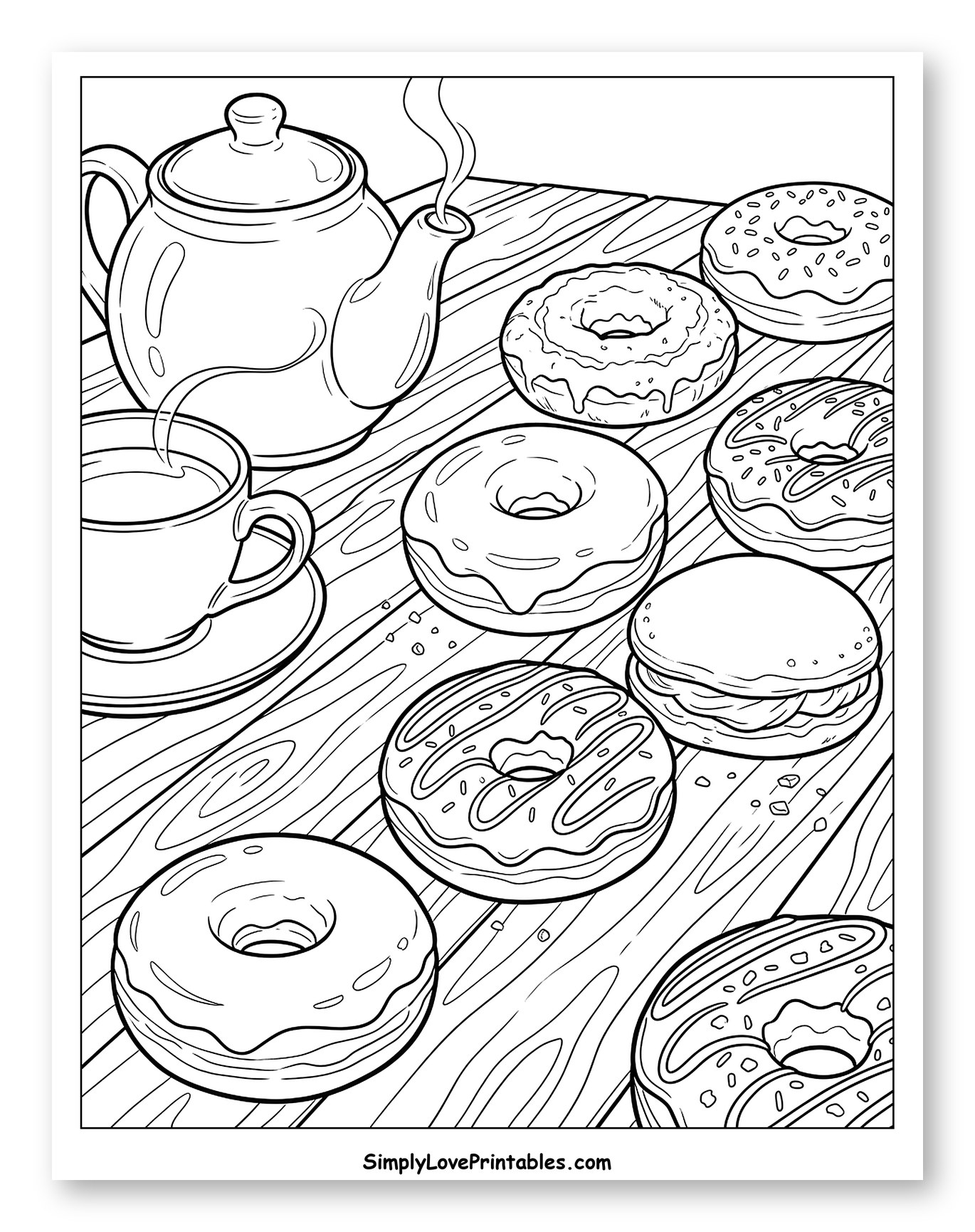 Delicious Donuts and Hot Tea on Wooden Table to Color