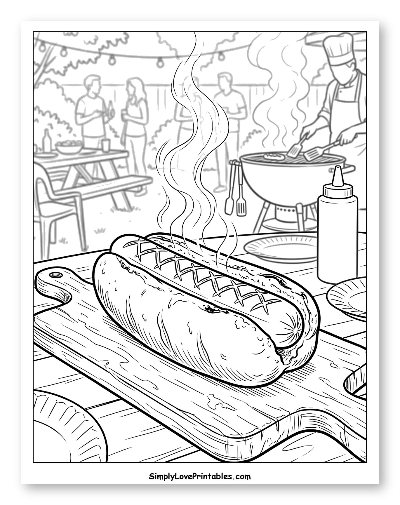 Delicious Hot Dog at a Backyard Grill Party Coloring Sheet