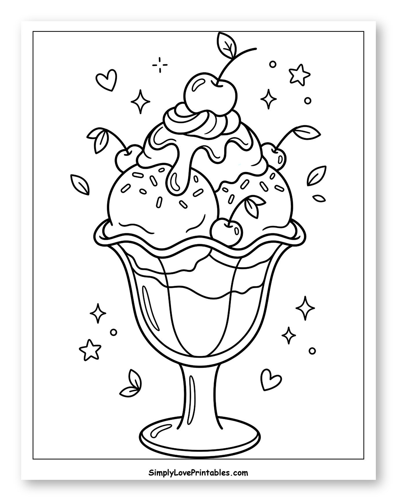 Delicious Ice Cream Sundae with Cherries Coloring Sheet for Adults