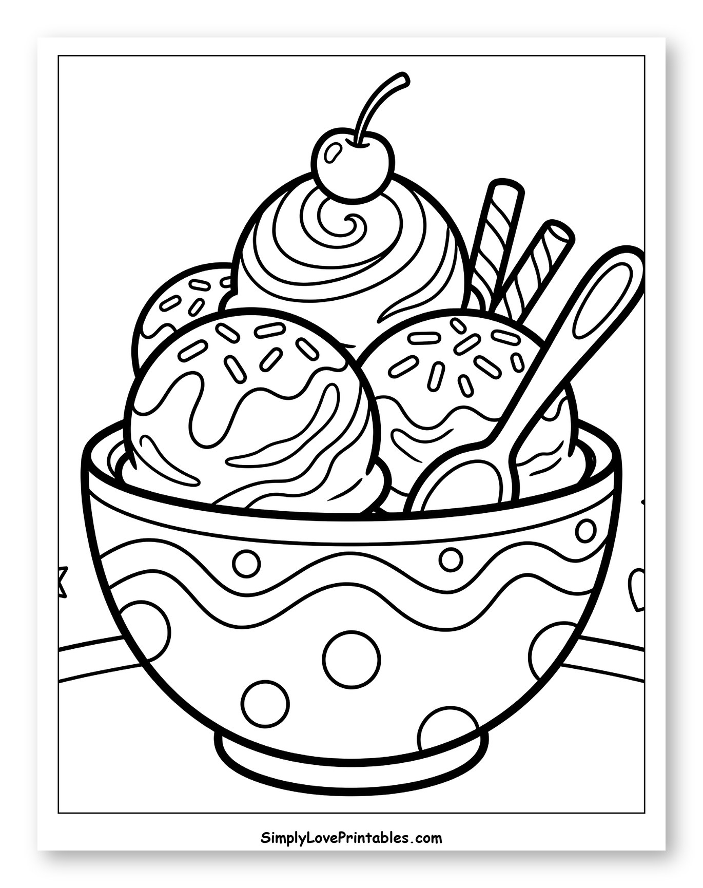Delicious Ice Cream Sundae with Cherry Topping Coloring Sheet for Toddlers