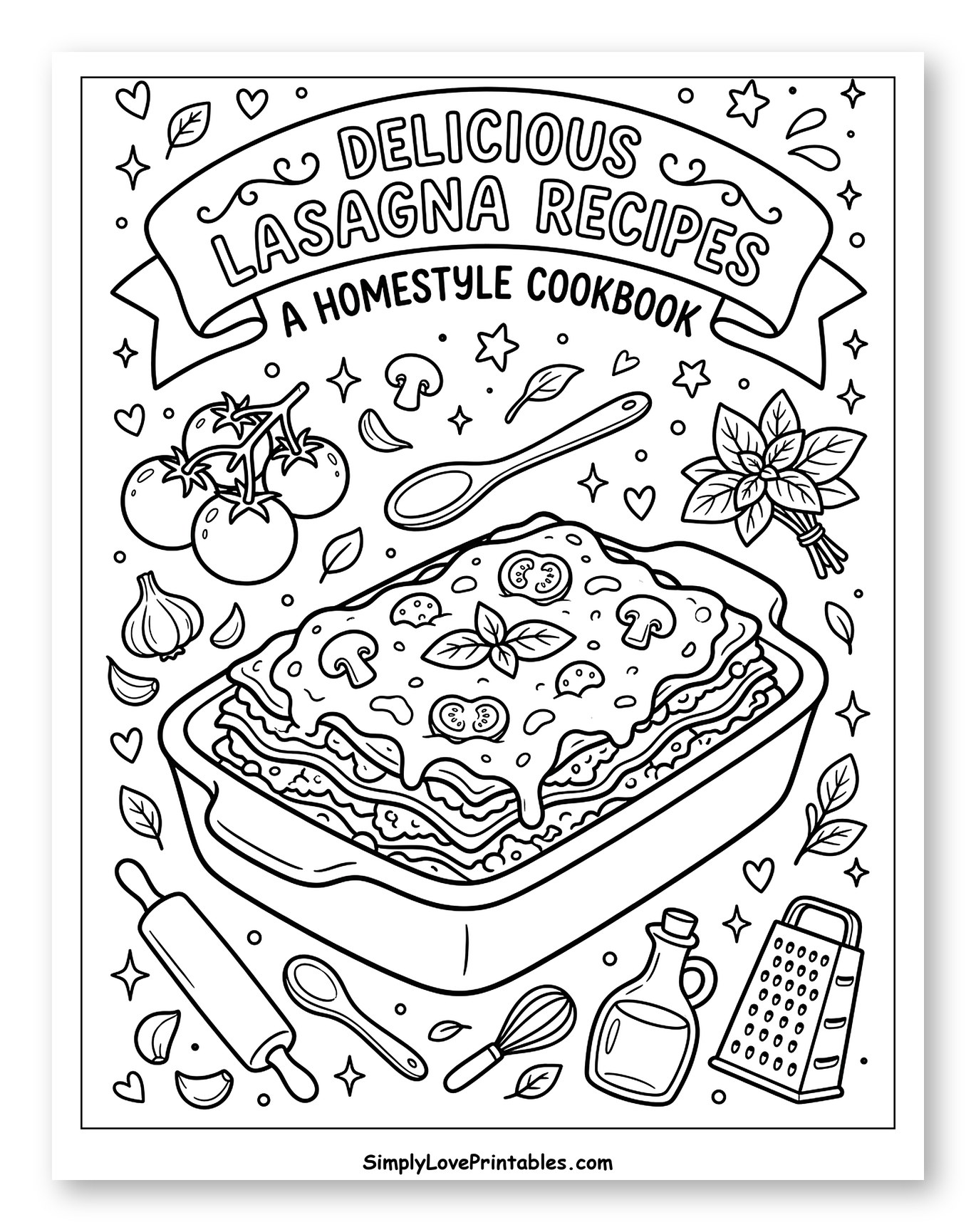 Delicious Lasagna Recipes Cookbook Cover to Color for Adults