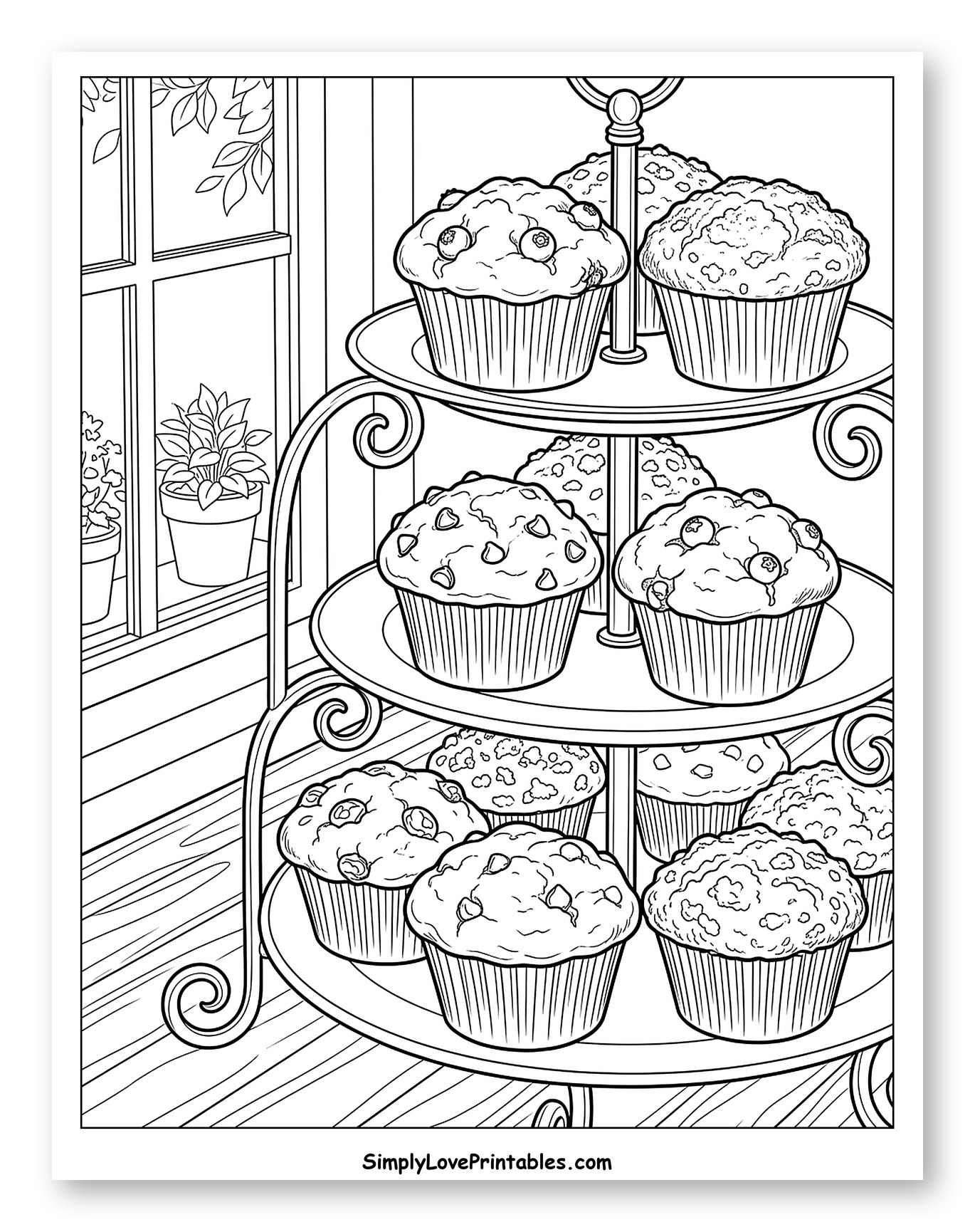 Delicious Muffins on Stand Beside Sunny Window Coloring Sheet