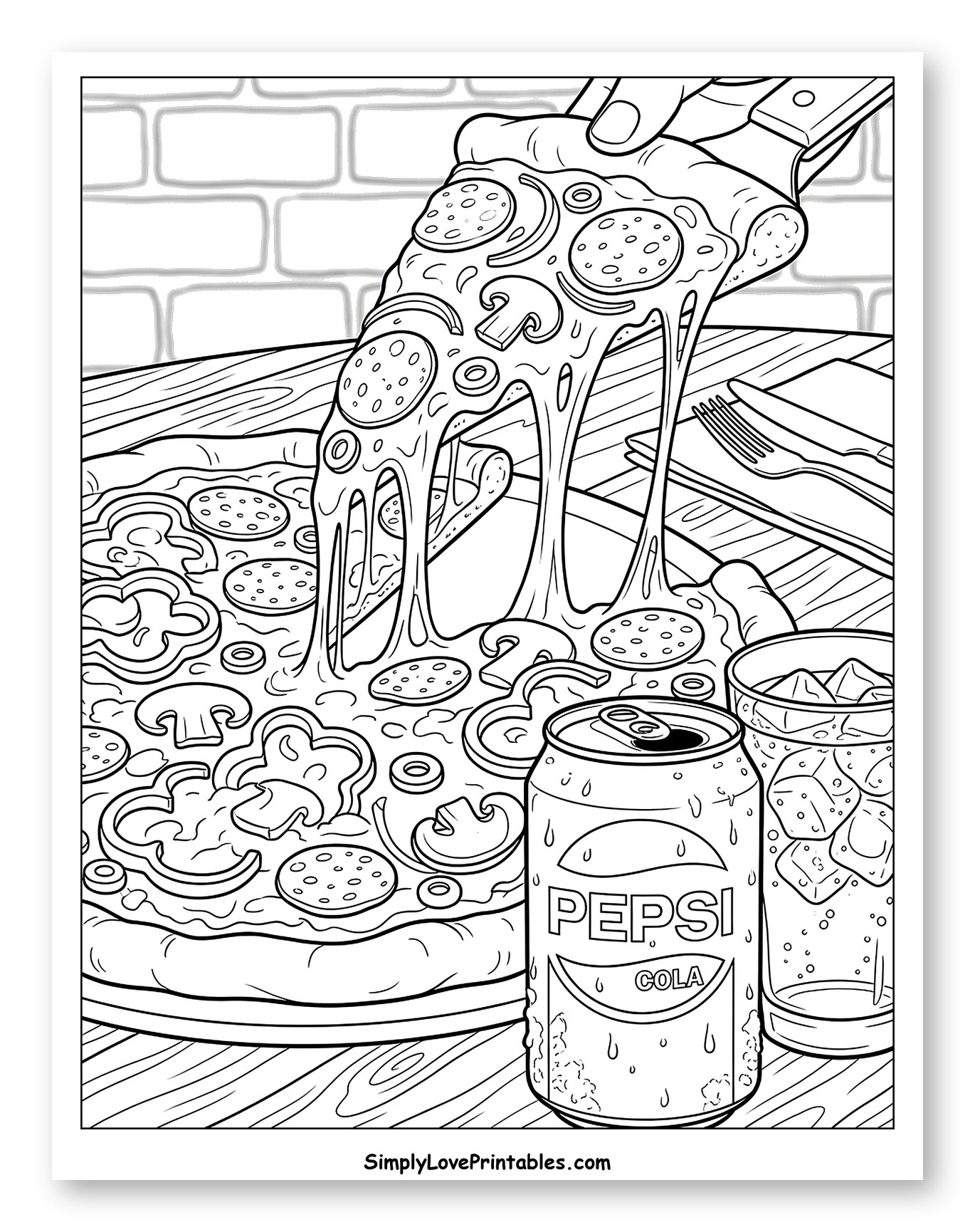 Delicious Pizza Slice with Cheesy Pull and Pepsi to Color