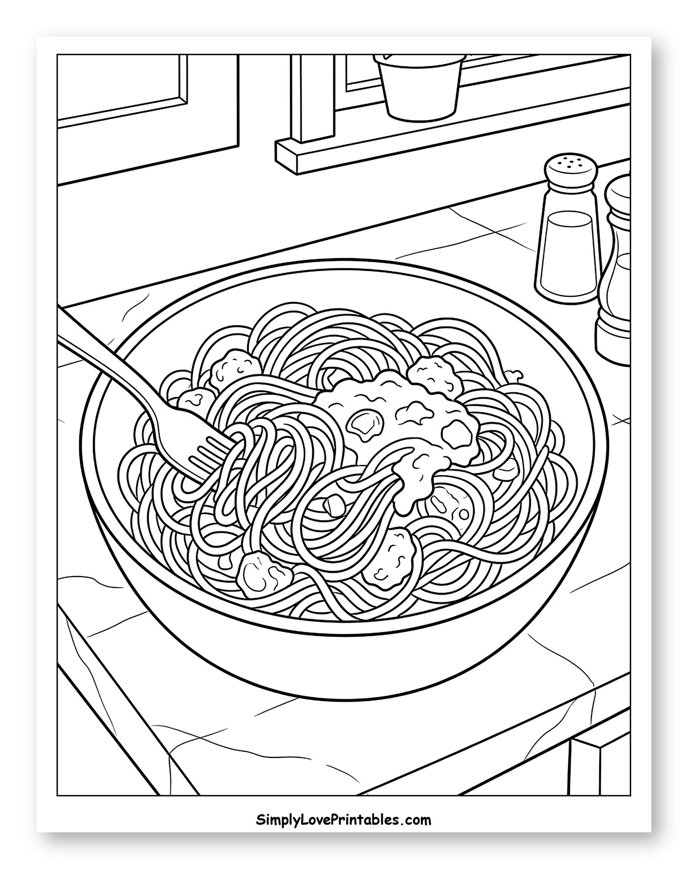 Delicious Spaghetti with Meatballs on Kitchen Counter to Color