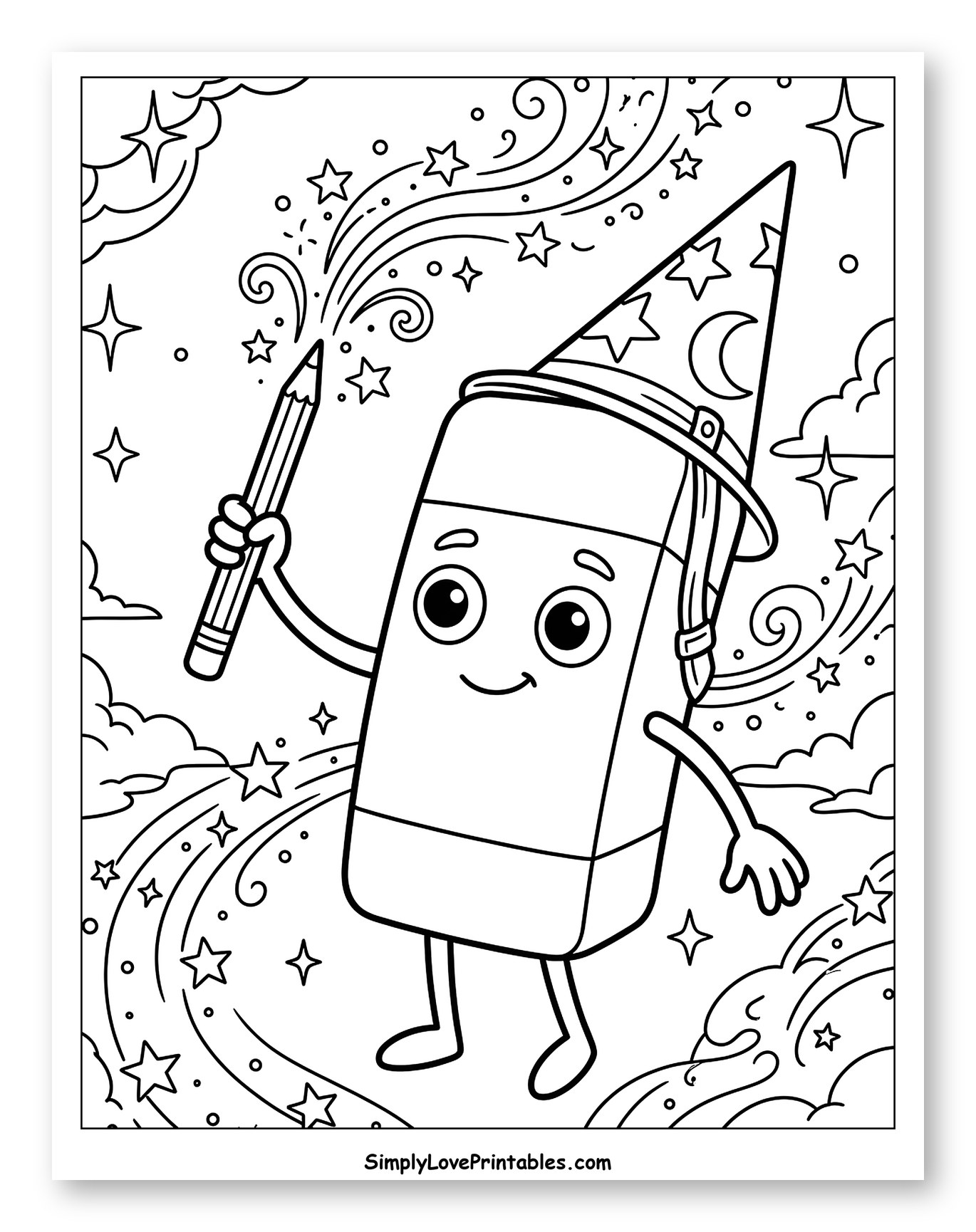 Delightful Eraser Wizard with Magic Pencil Coloring Page for Kids