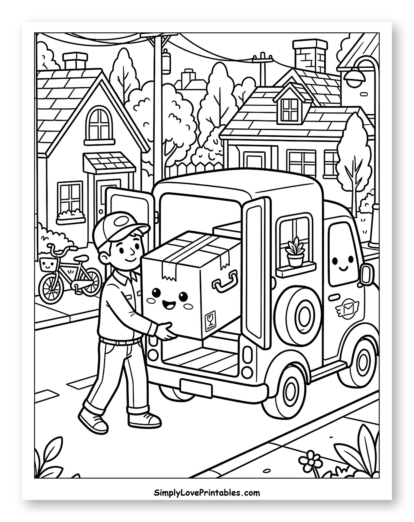 Delivery Man Unloading a Happy Box from Truck Coloring Page for Kids