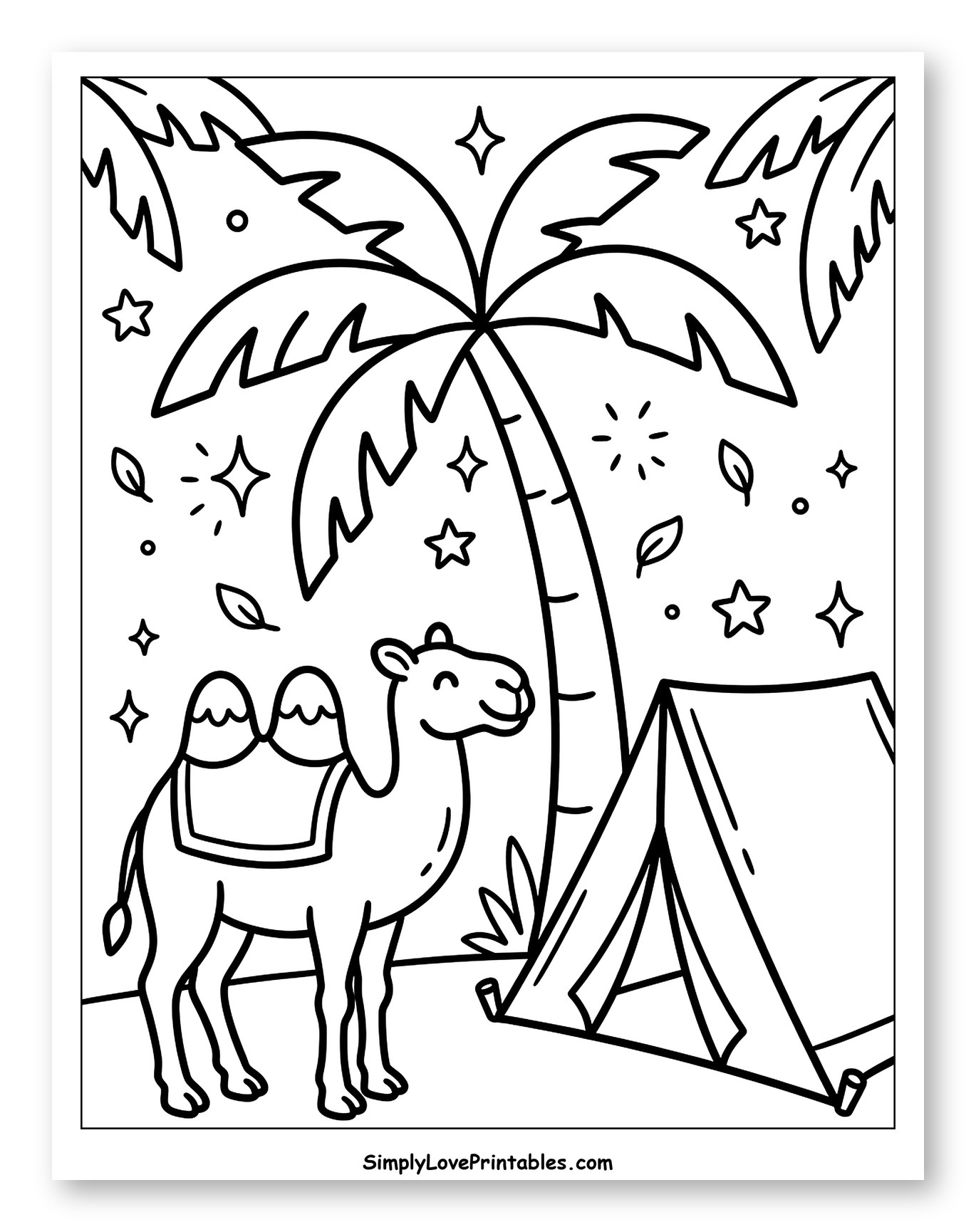 Desert Camp with Camel and Palm Trees
