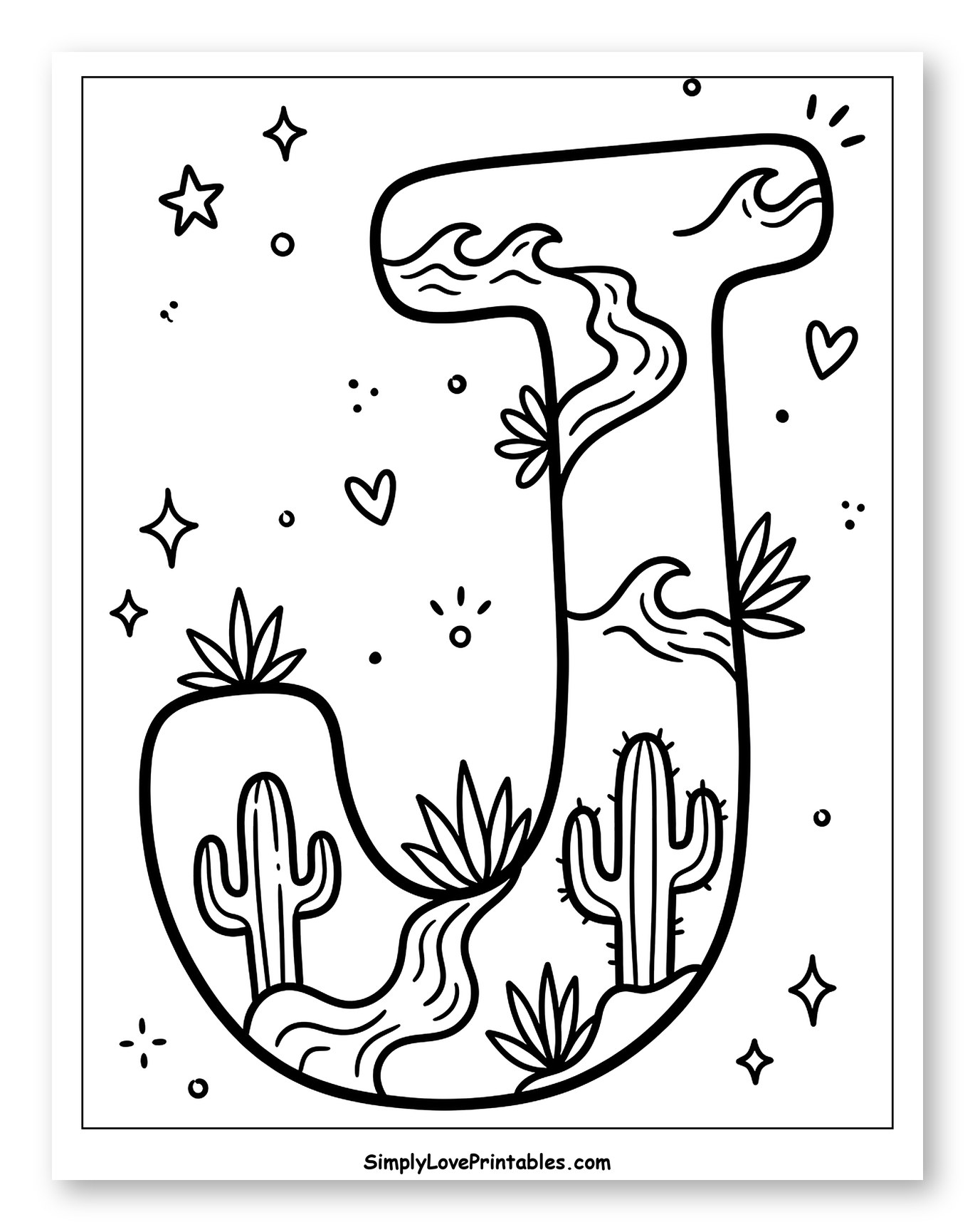 Desert Letter J with Cacti and River Coloring Page for Adults