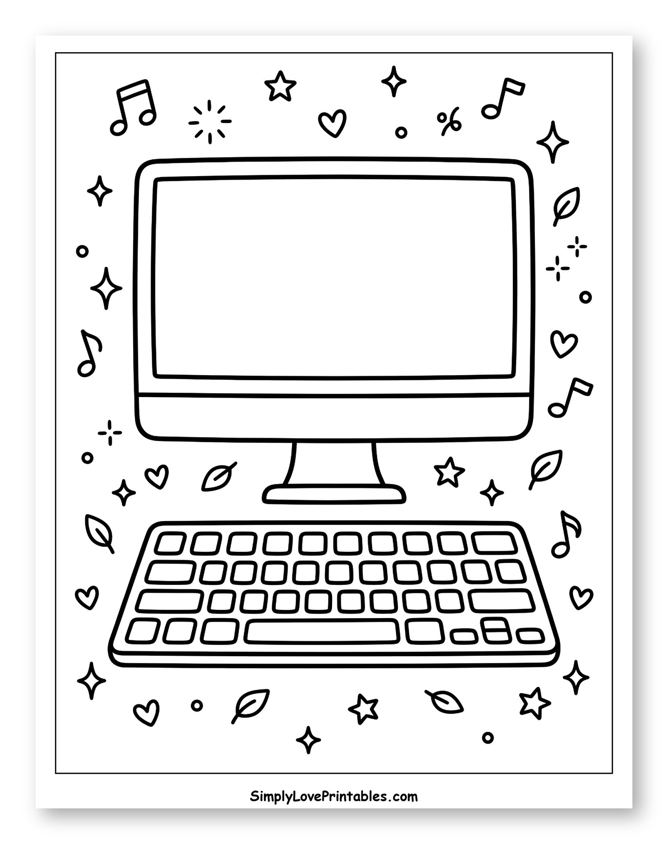Desktop Computer Setup with Fun Doodles Coloring Page for Adults