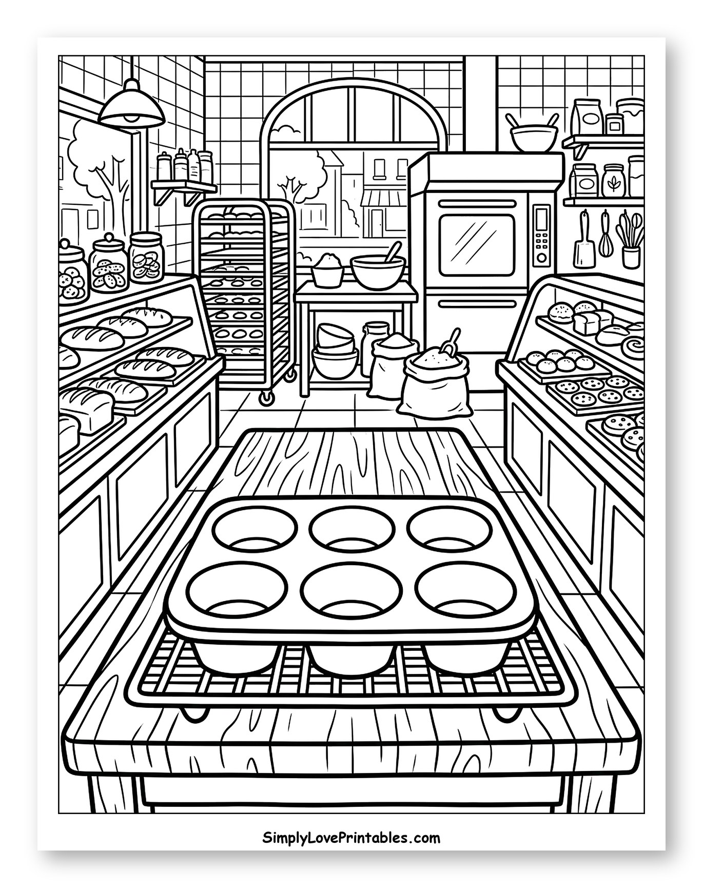 Detailed Bakery Scene with Muffin Tray Coloring Sheet for Toddlers