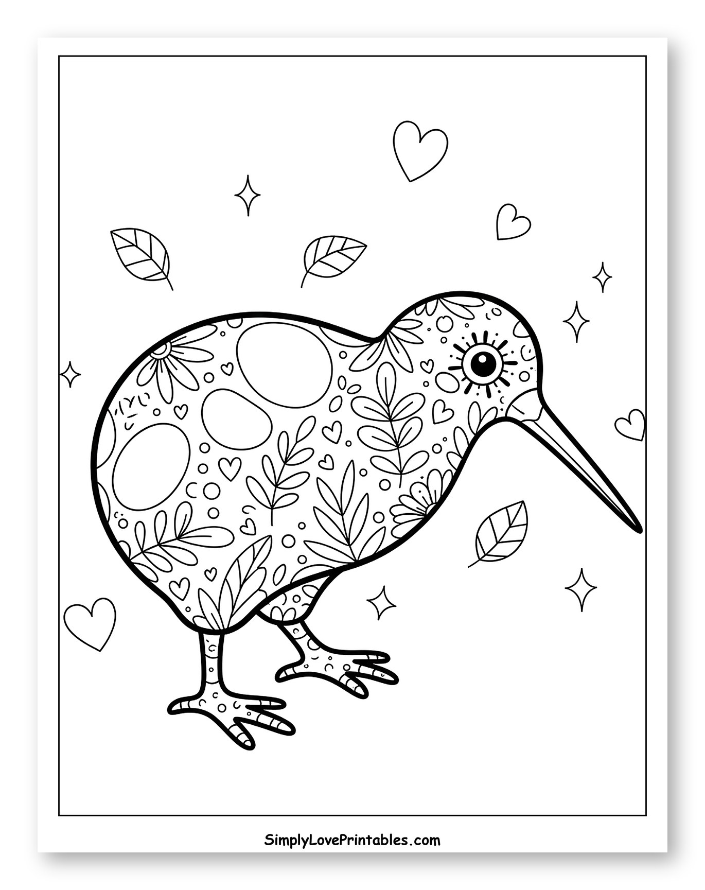 Detailed Kiwi Bird with Floral and Heart Patterns Coloring Page for Adults