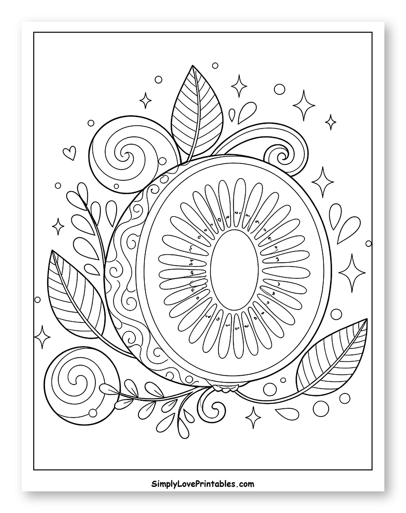 Detailed Kiwi Fruit Slice with Leaves and Swirls to Color for Adults