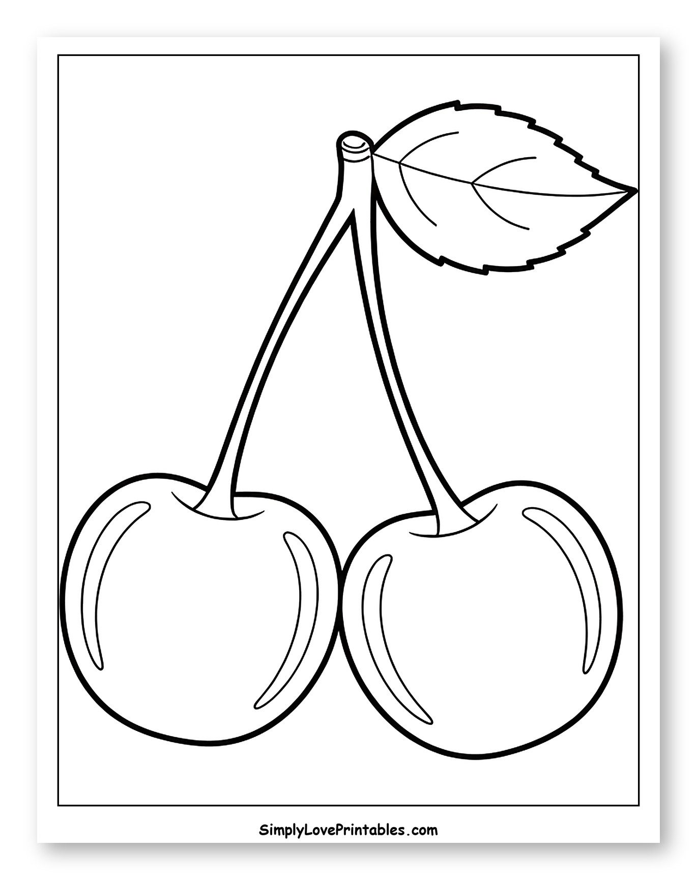 Detailed Outline of Two Cherries with Leaf Coloring Sheet for Toddlers