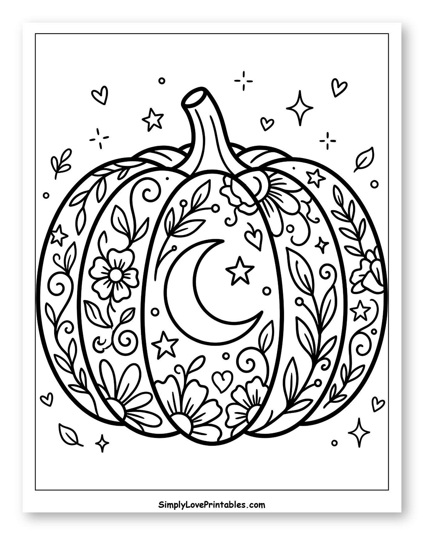 Detailed Pumpkin with Crescent Moon and Flowers