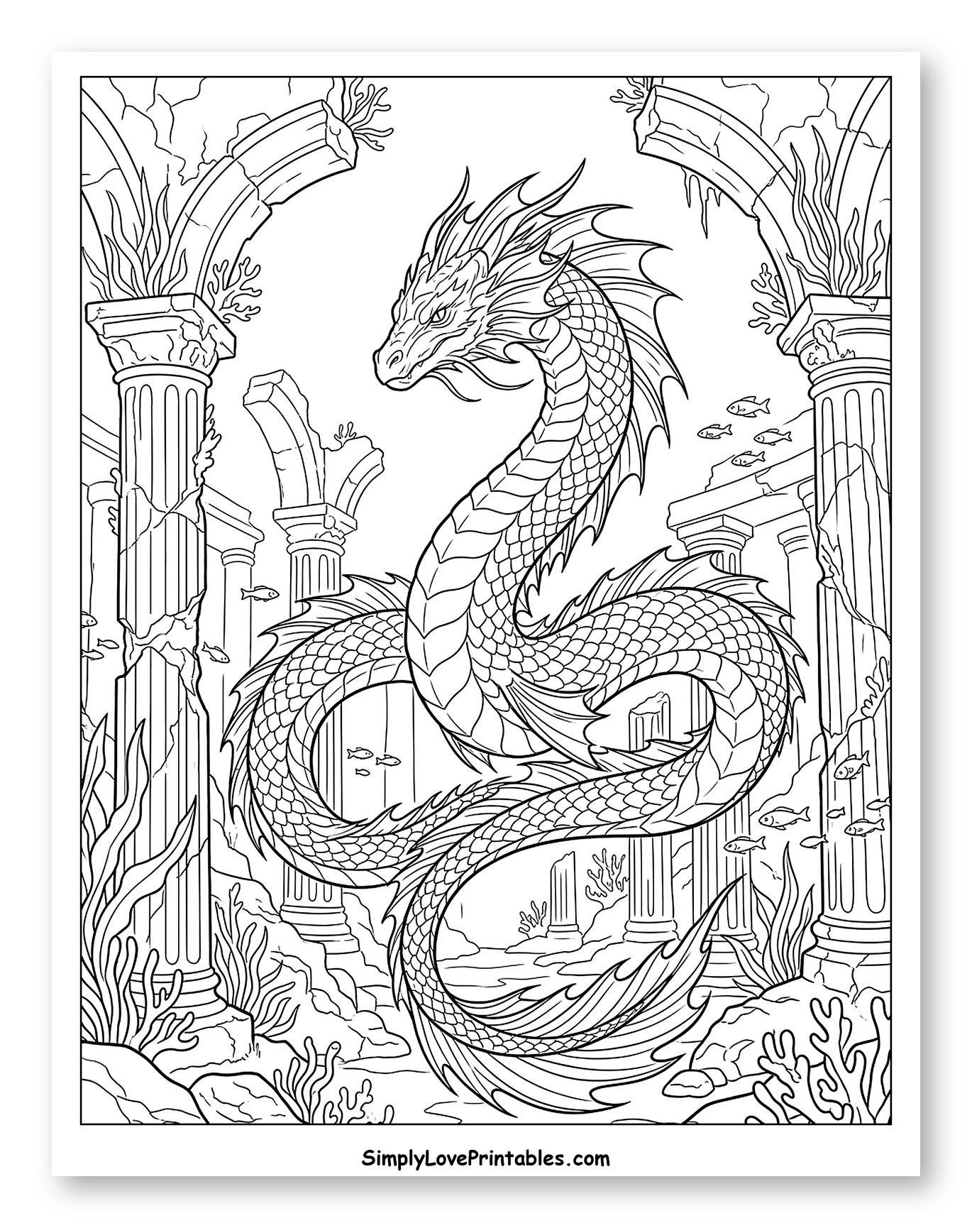Detailed Sea Serpent in Underwater Ruins