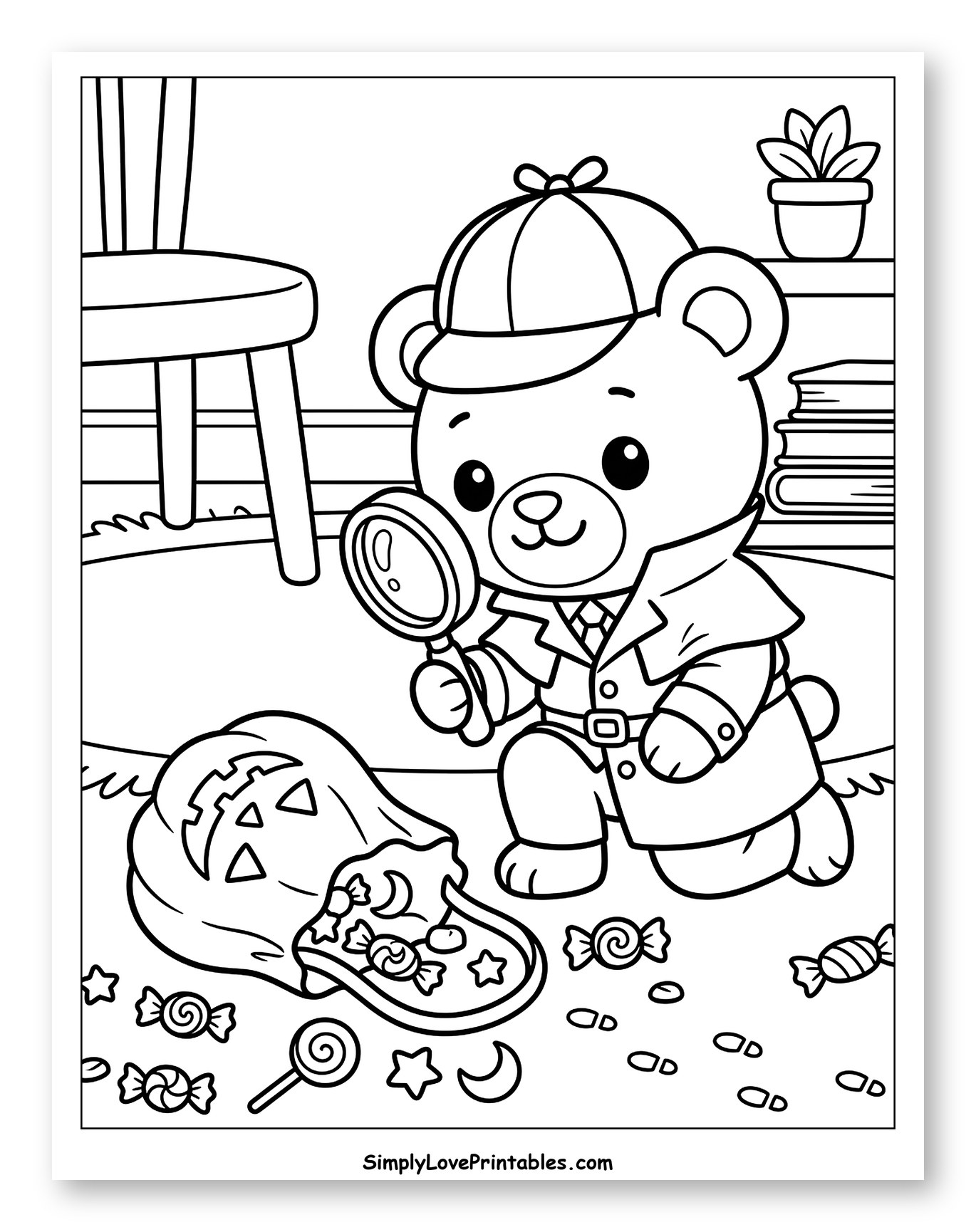 Detective Bear Investigating Spilled Halloween Candy to Color for Kids