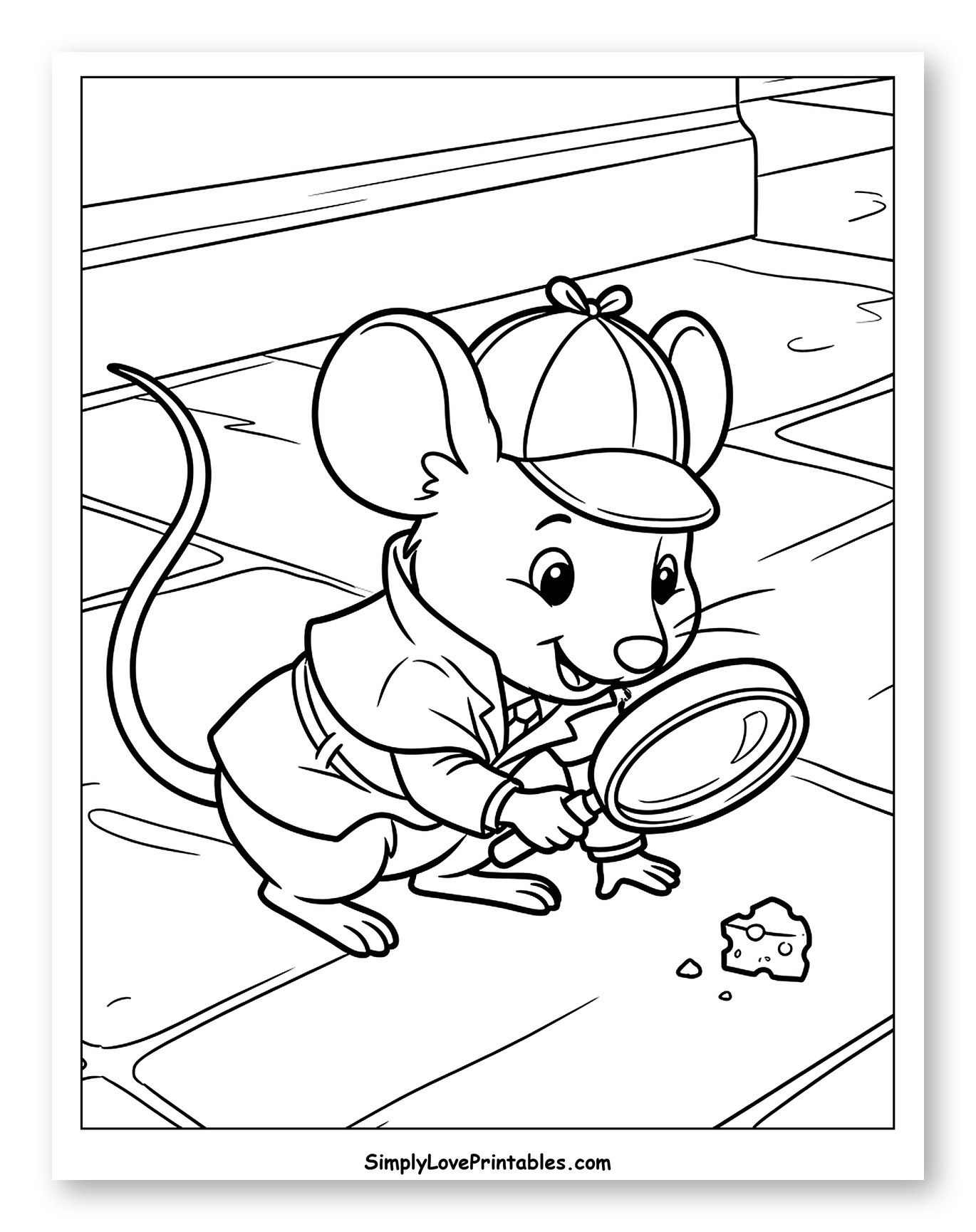 Detective Mouse Investigating a Piece of Cheese Coloring Page for Kids