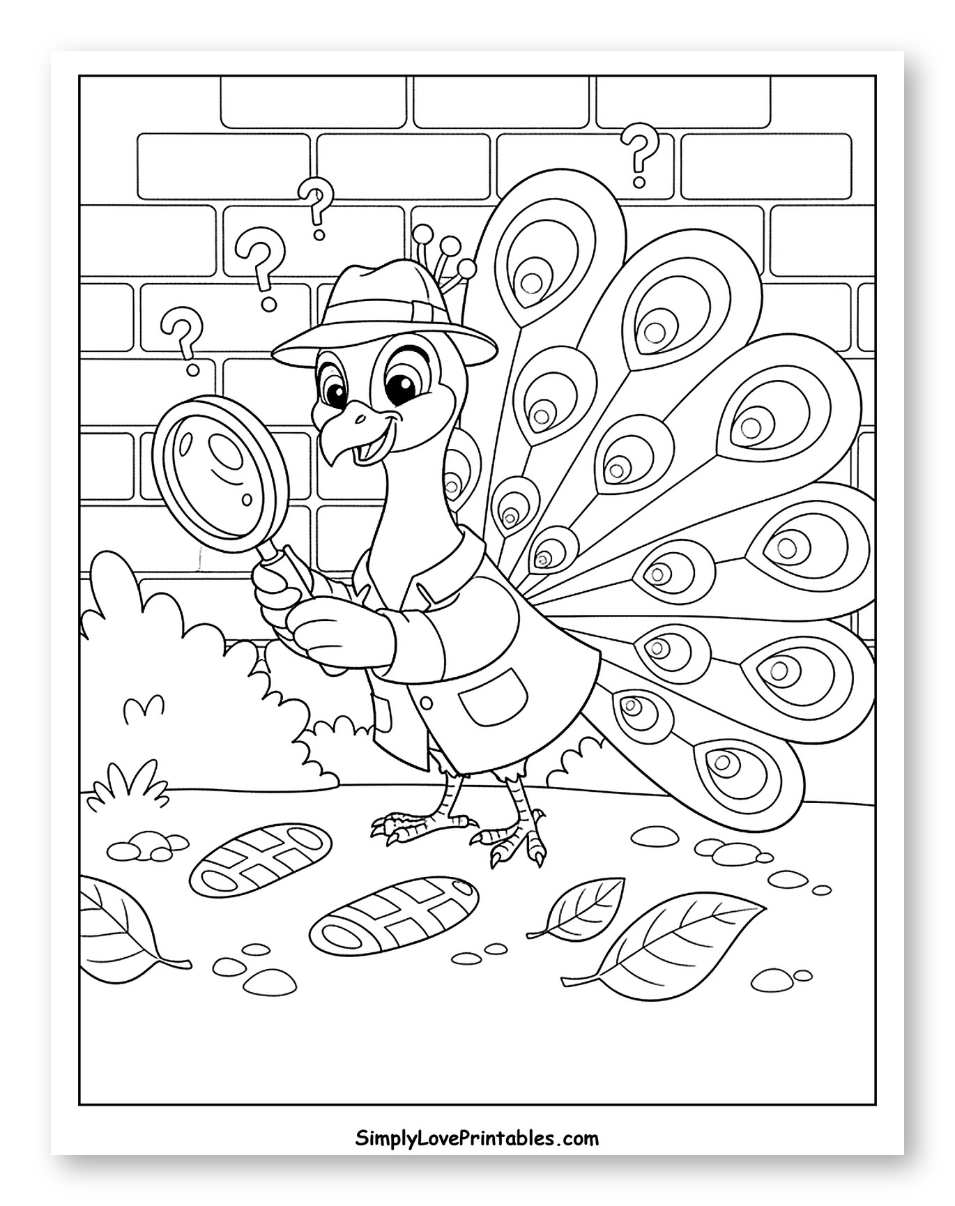 Detective Peacock Investigating Clues Coloring Page for Kids