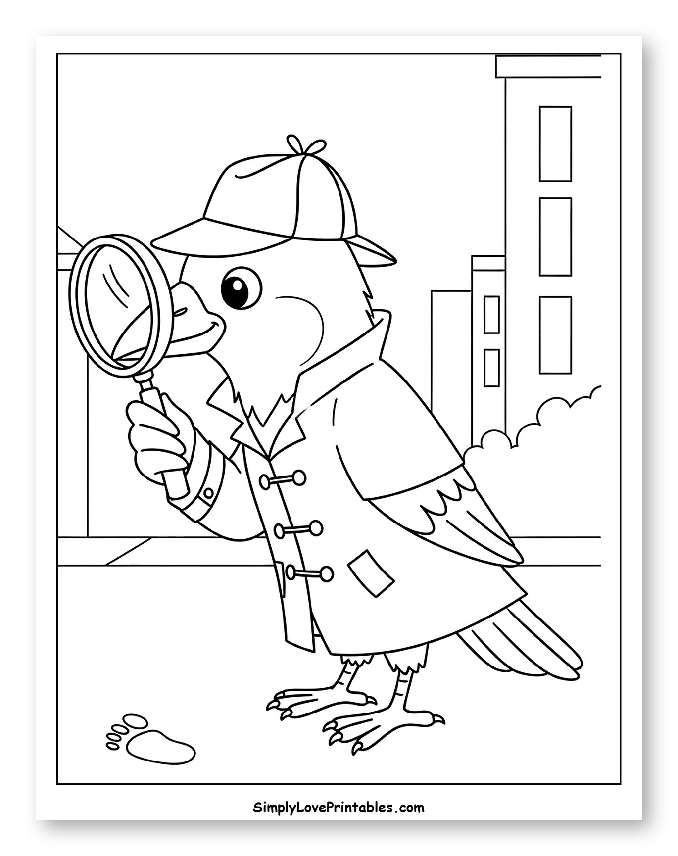 Detective Raven Examining a Footprint Coloring Sheet for Kids