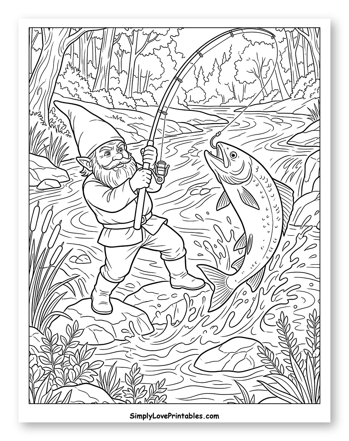 Determined Gnome Reeling in a Leaping Fish