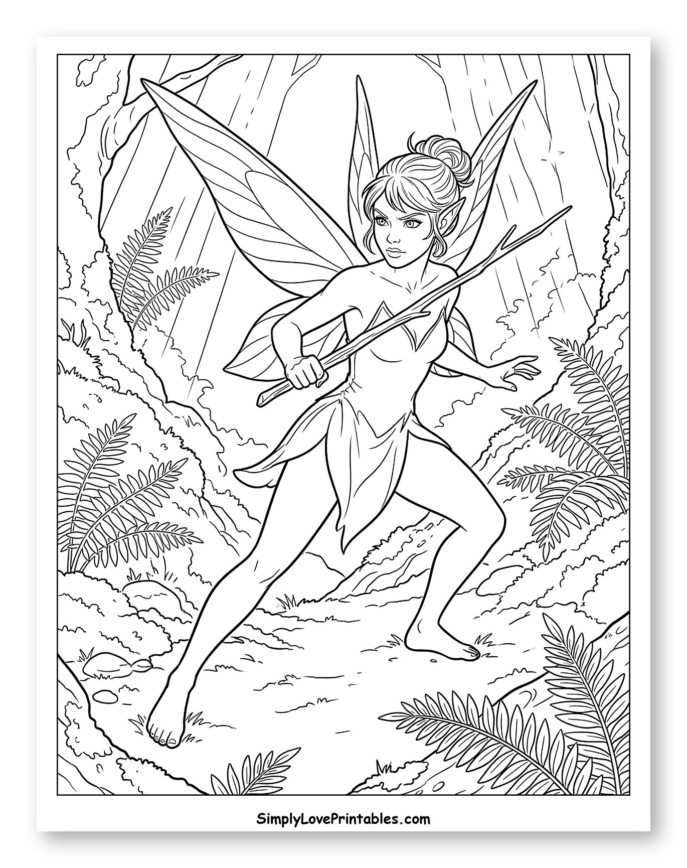 Determined Pixie Fairy in Forest to Color