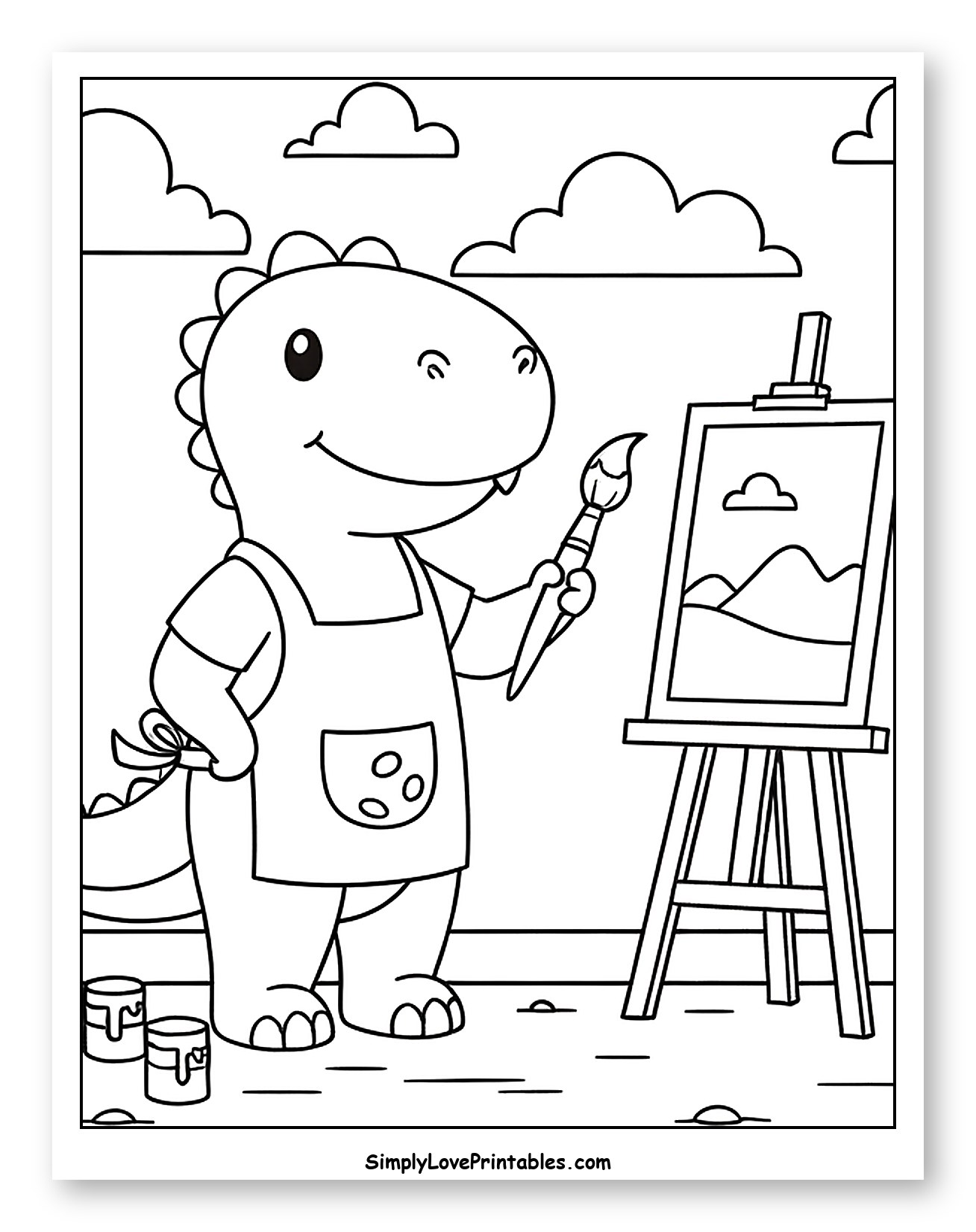 Dinosaur Artist Painting a Landscape Coloring Page for Kids