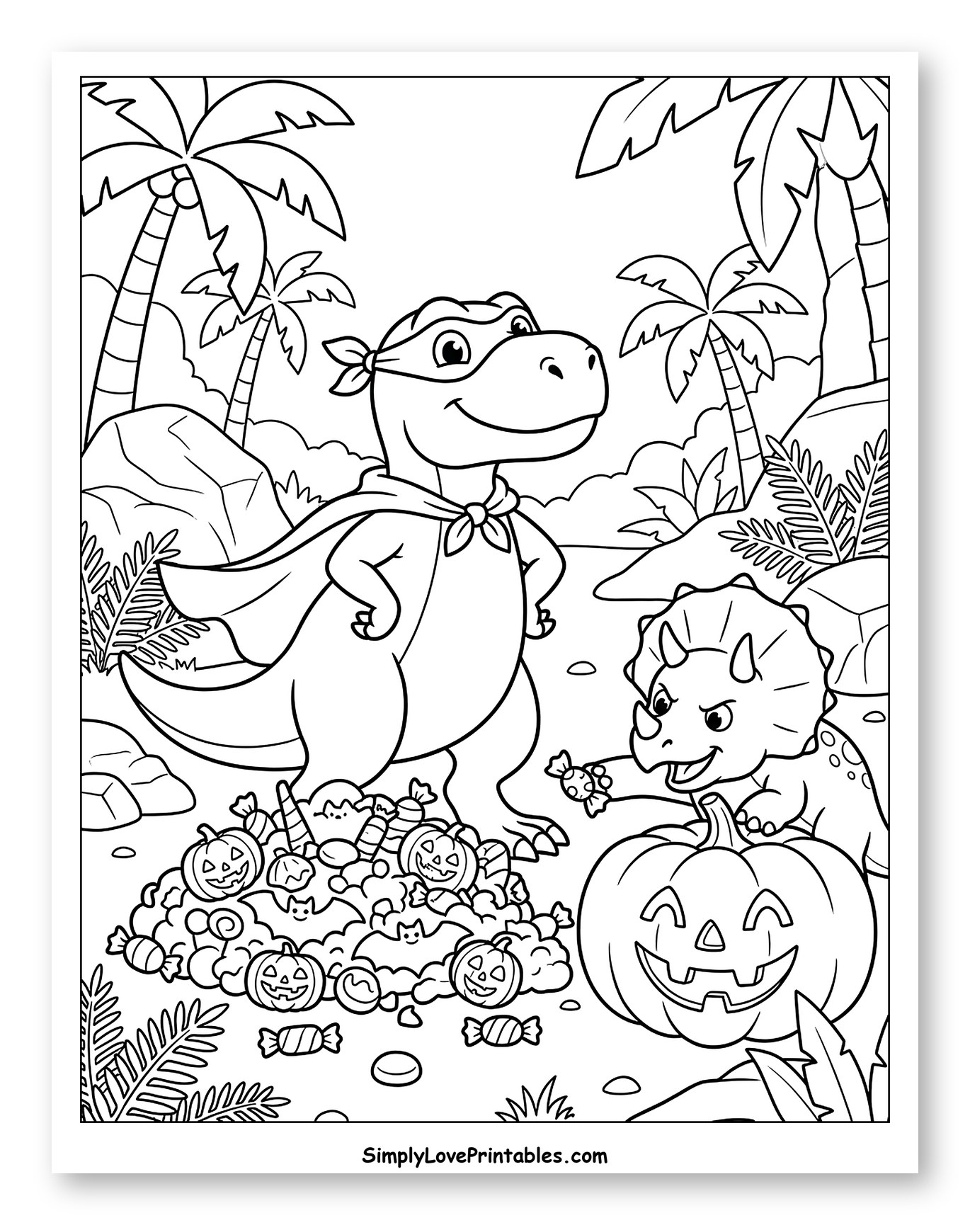 Dinosaur Friends Celebrating Halloween with Candy Coloring Sheet for Kids