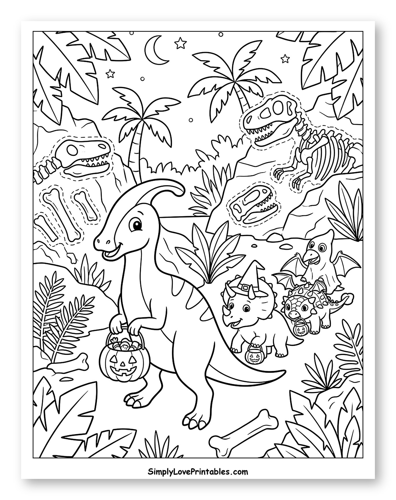 Dinosaur Friends Trick-or-Treating at Night Coloring Page for Kids
