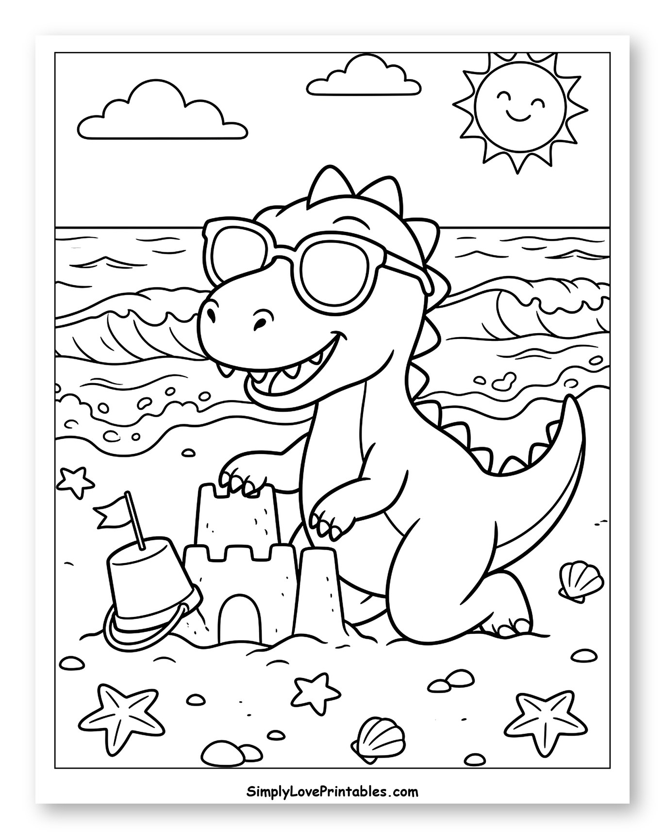 Dinosaur in Sunglasses Building Sandcastle at the Beach
