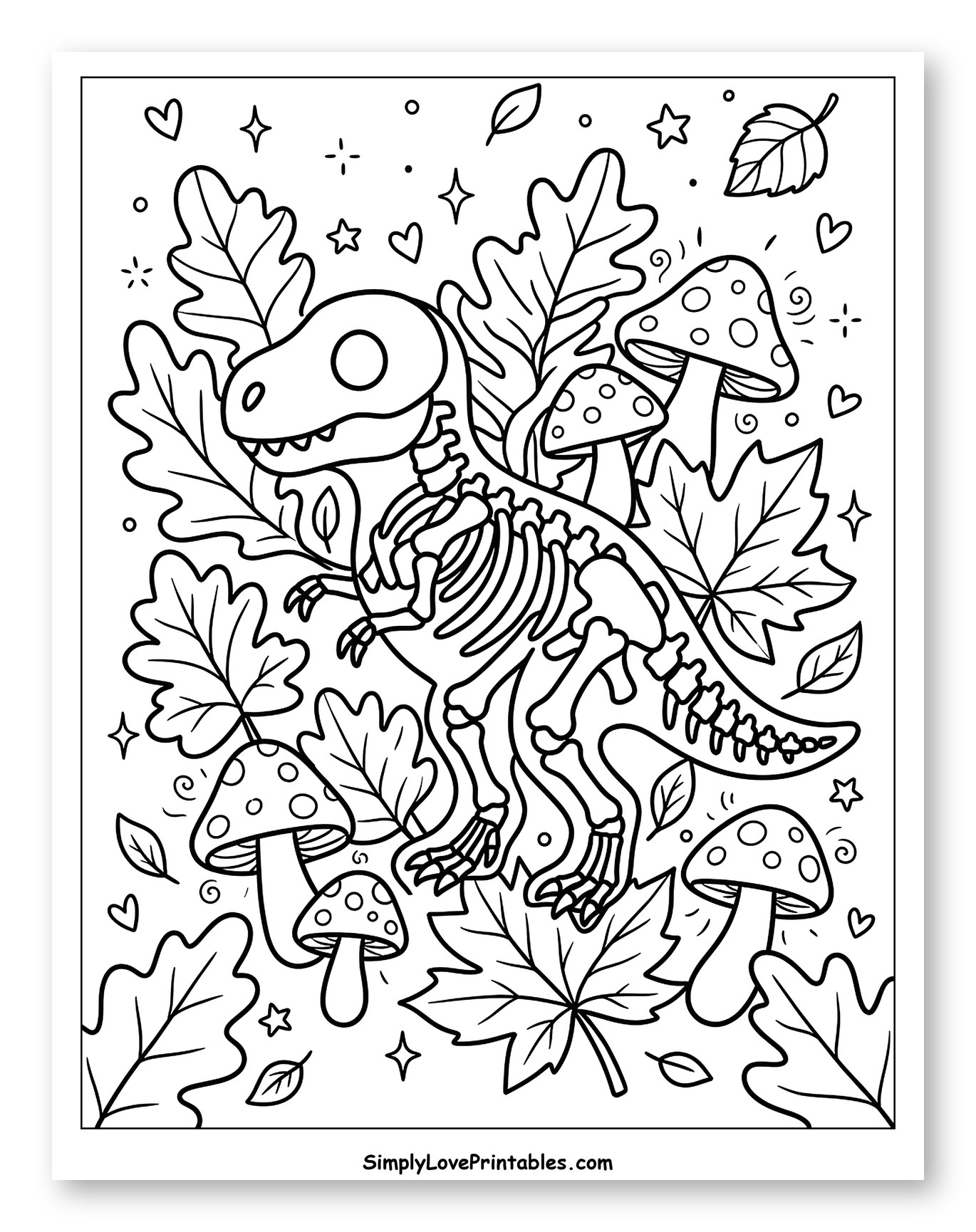 Dinosaur Skeleton with Autumn Leaves and Mushrooms Coloring Sheet for Adults
