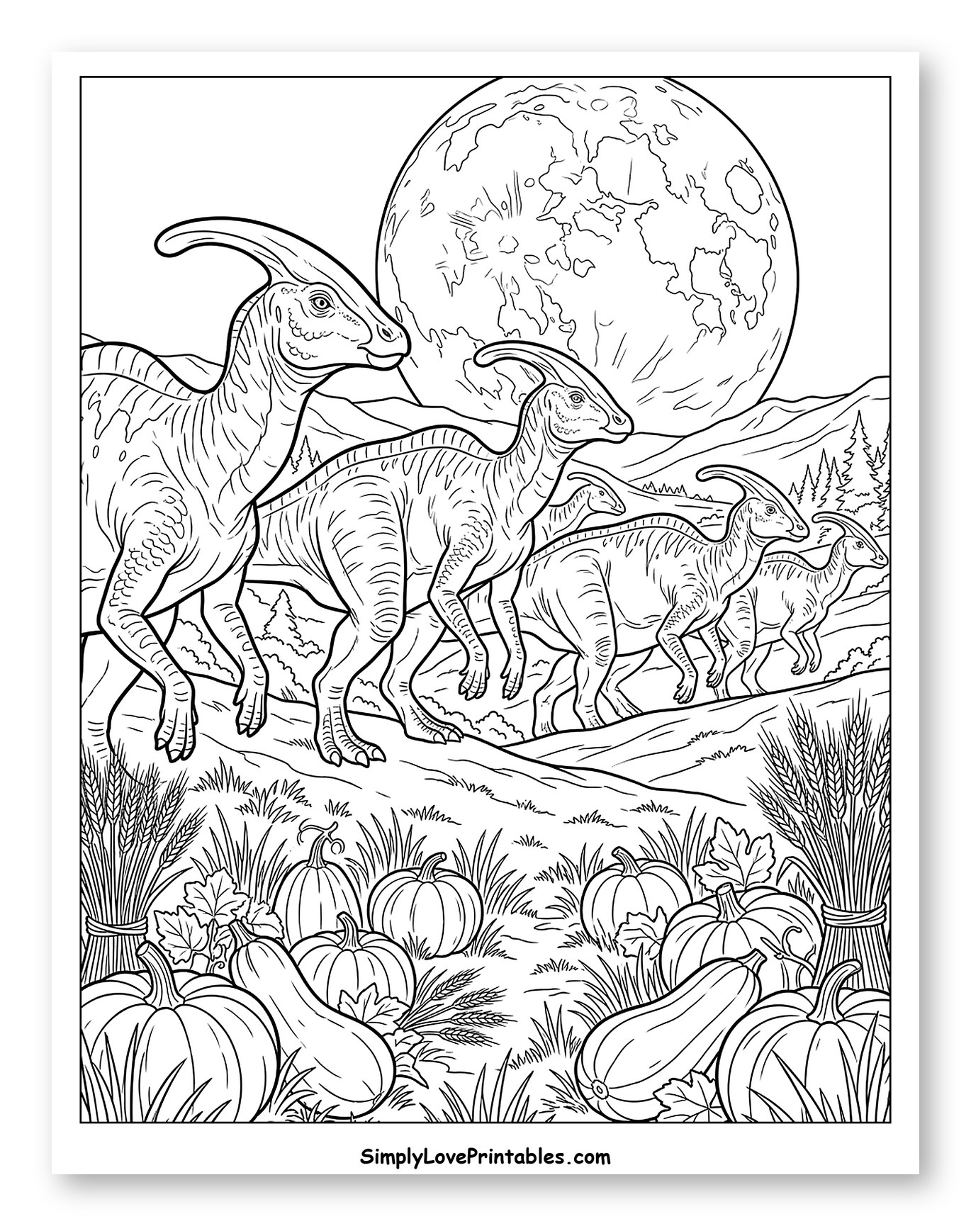 Dinosaurs Walking Through an Autumn Pumpkin Patch Coloring Page