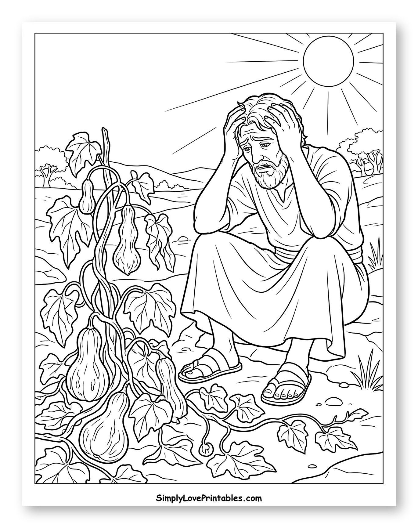 Distraught Jonah and the Gourd Plant to Color