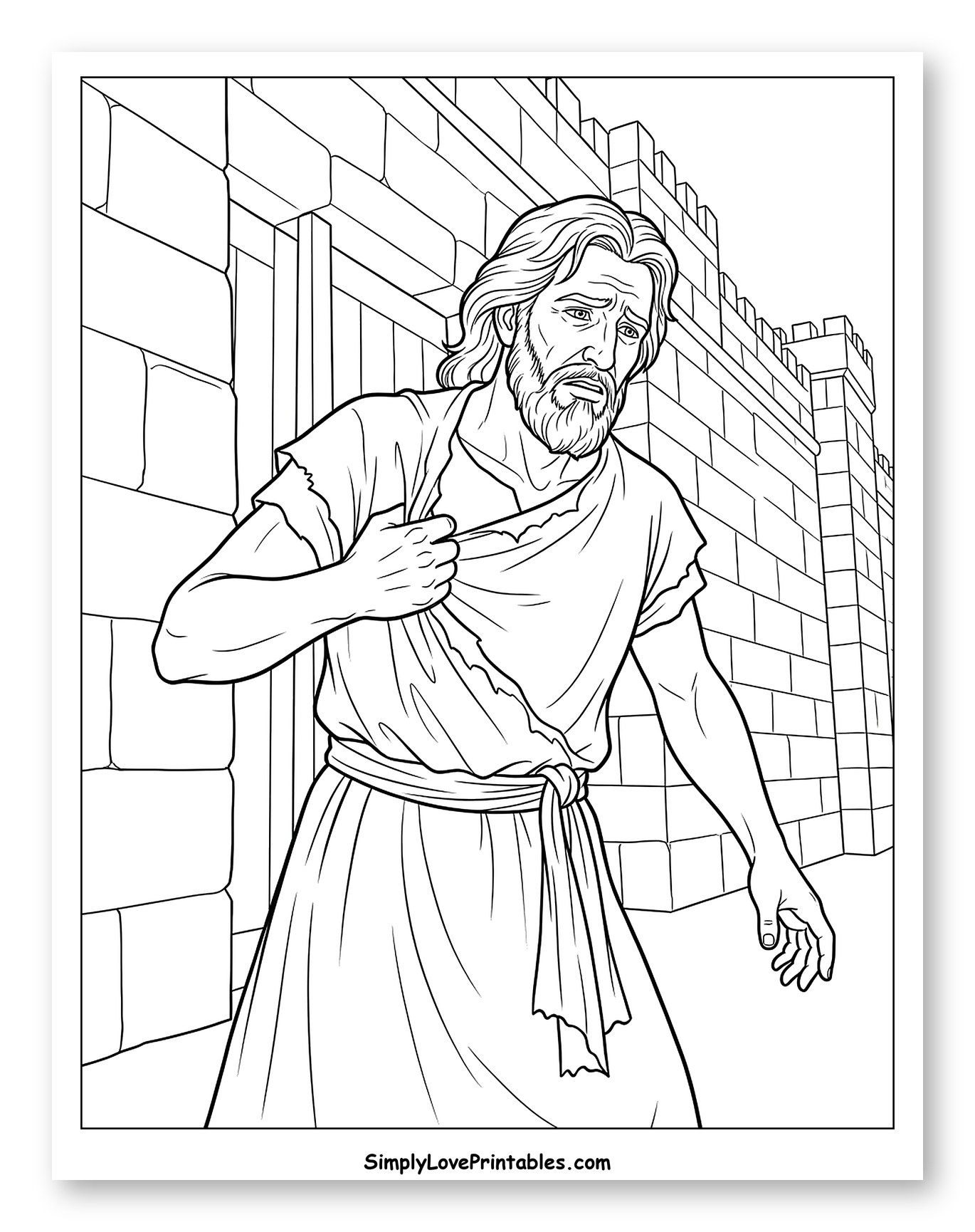 Distraught Man Tearing Clothes by a Wall Coloring Page