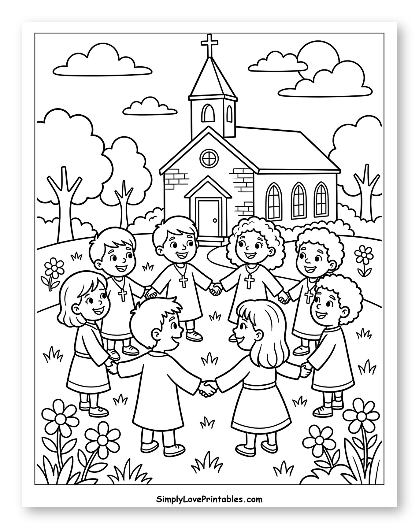 Diverse Children Joyfully Holding Hands at Church Coloring Sheet for Kids