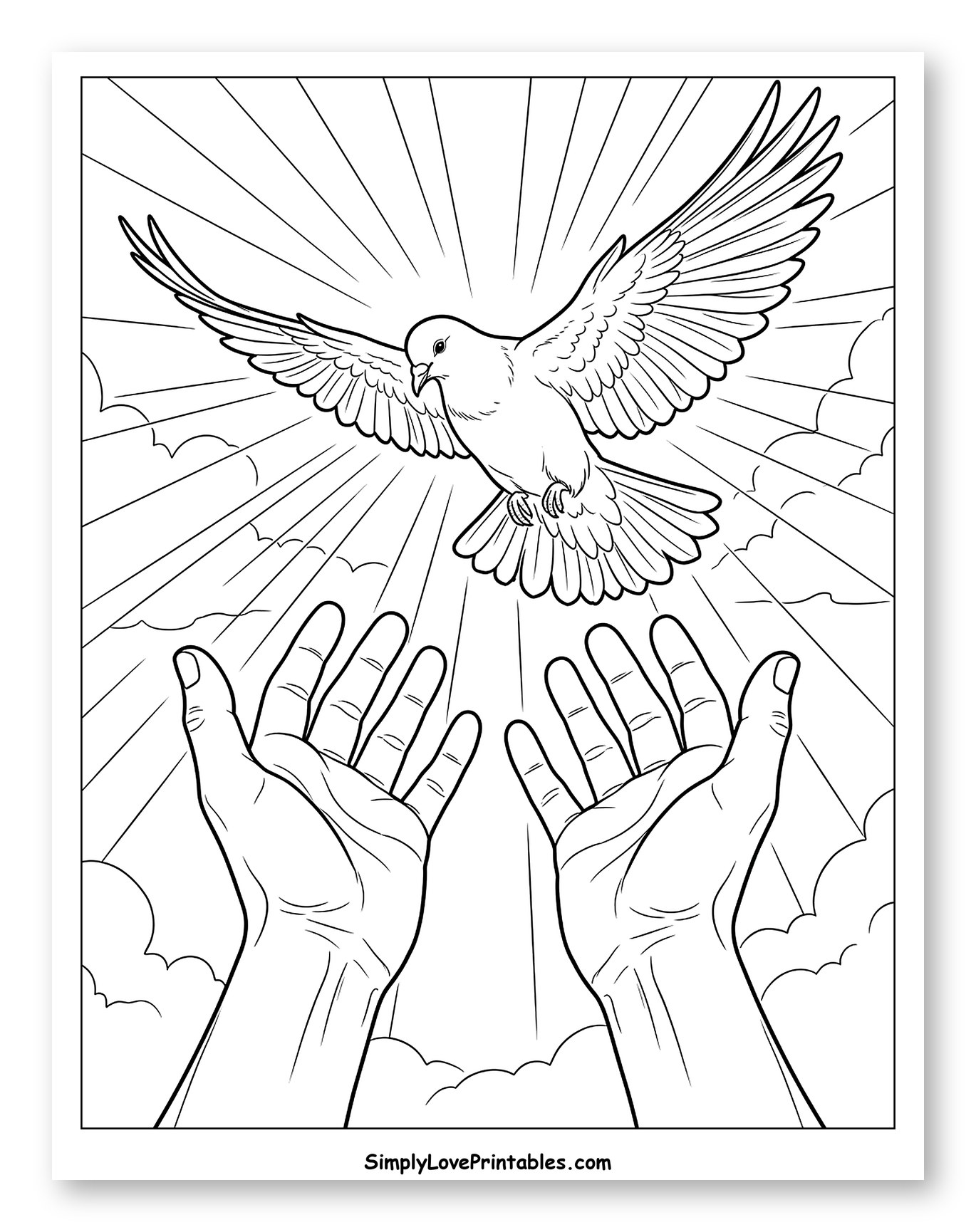 Divine Dove Flying Towards Reaching Hands Coloring Page