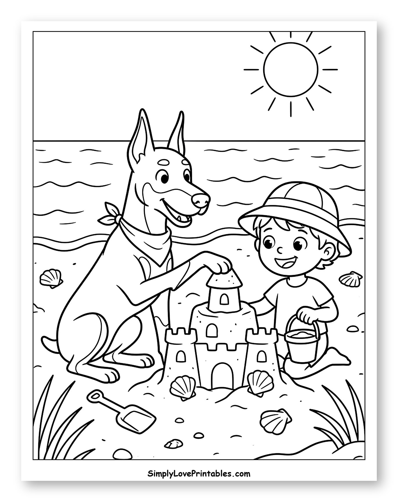 Doberman and Boy Building Sandcastle on Beach