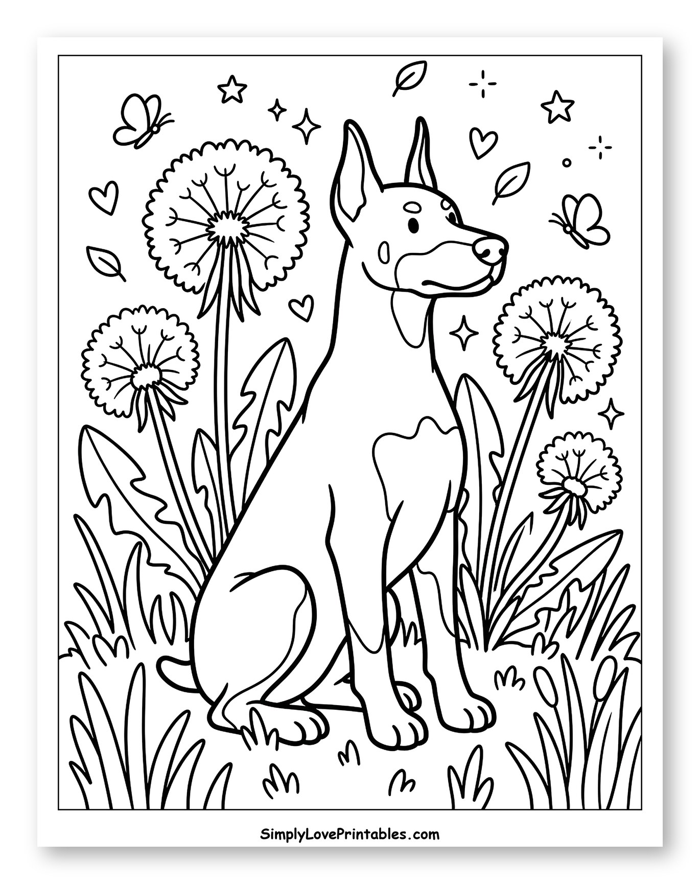 Doberman Dog in a Field of Dandelions Coloring Page for Adults