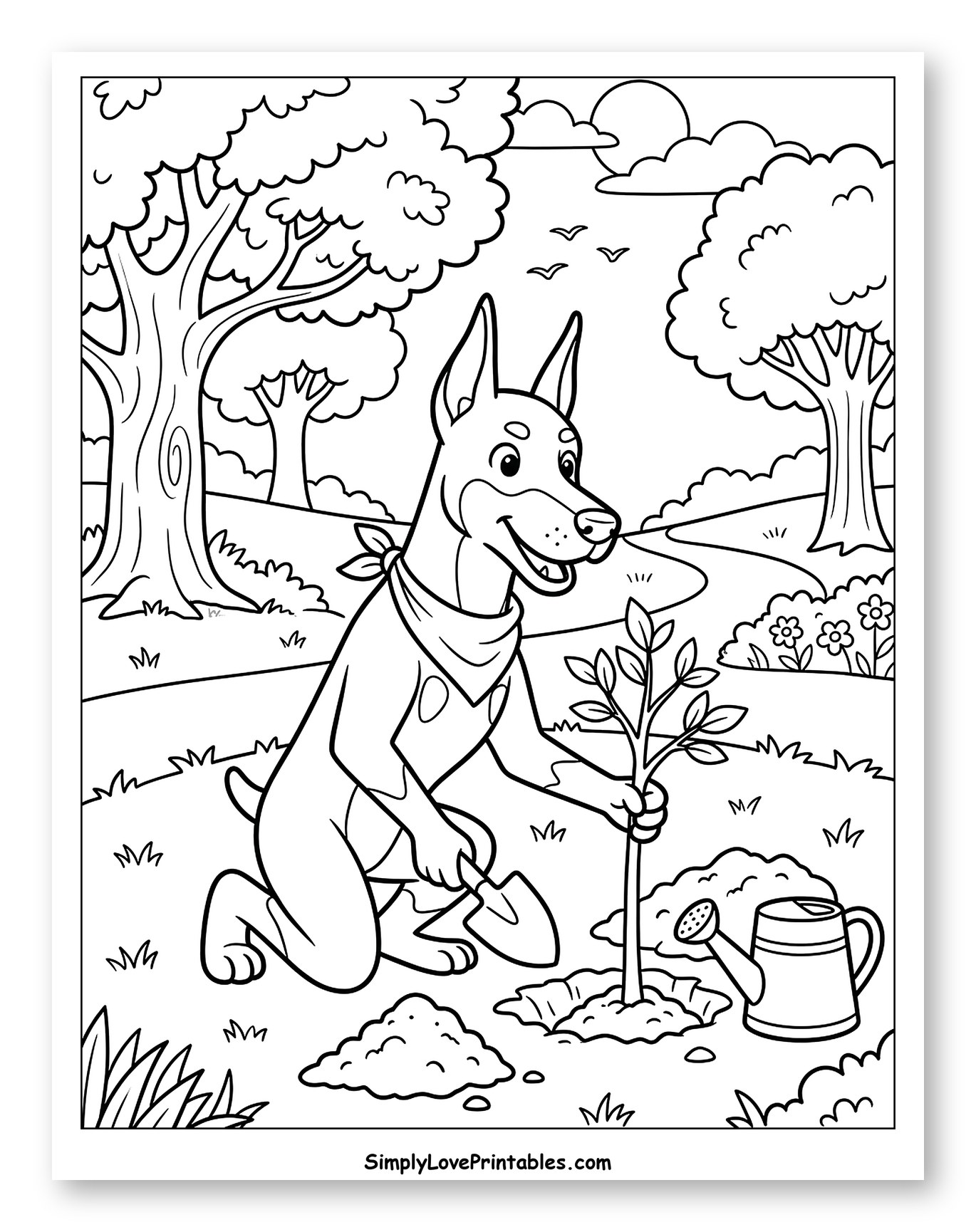 Doberman Dog Planting a Tree in a Park to Color for Kids