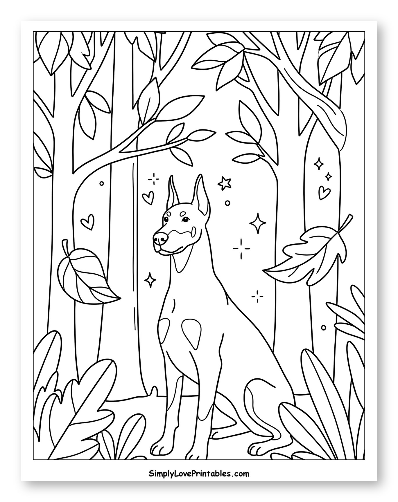 Doberman Dog Sitting in a Forest to Color for Adults