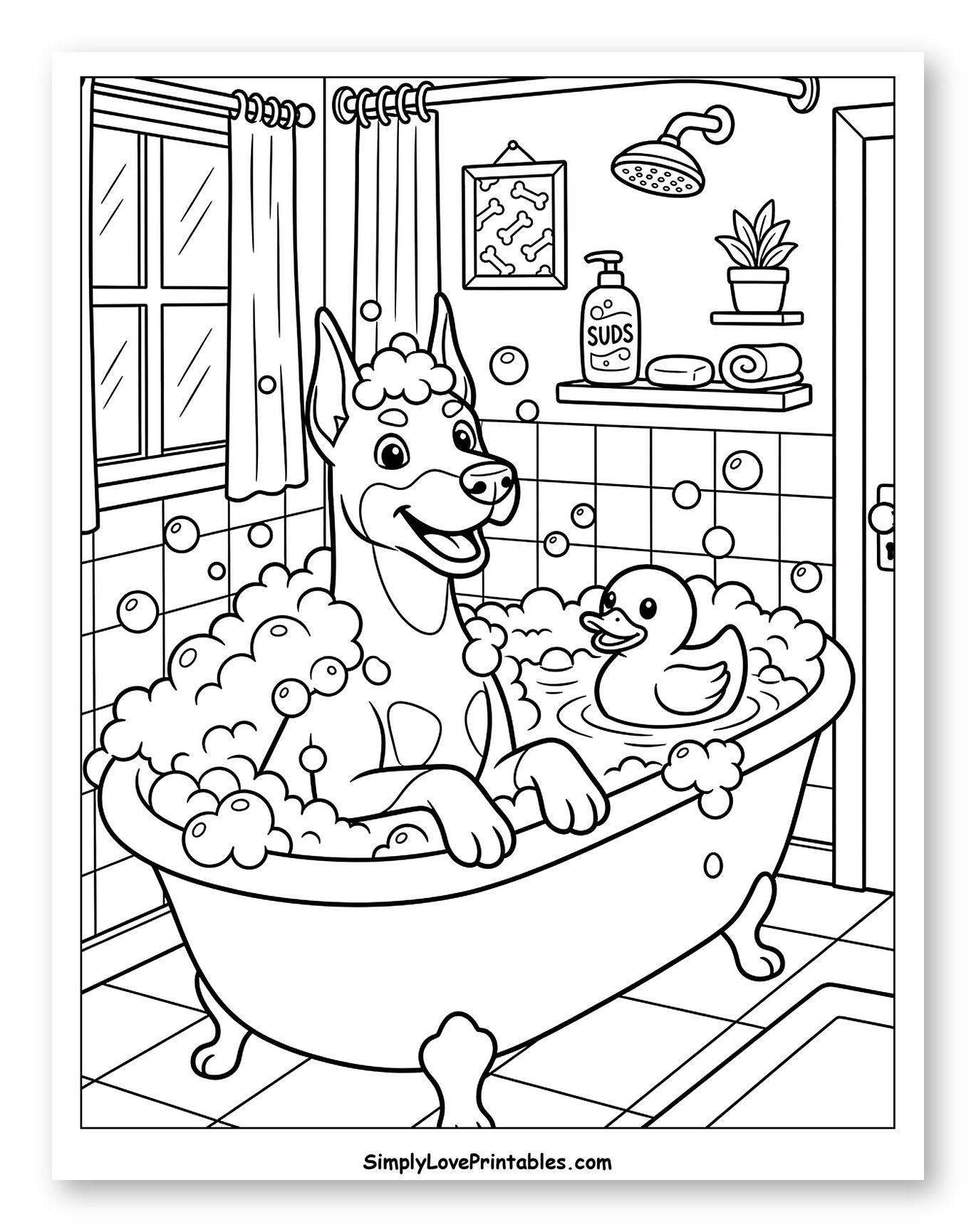 Doberman Dog Taking a Bubble Bath Coloring Page for Kids