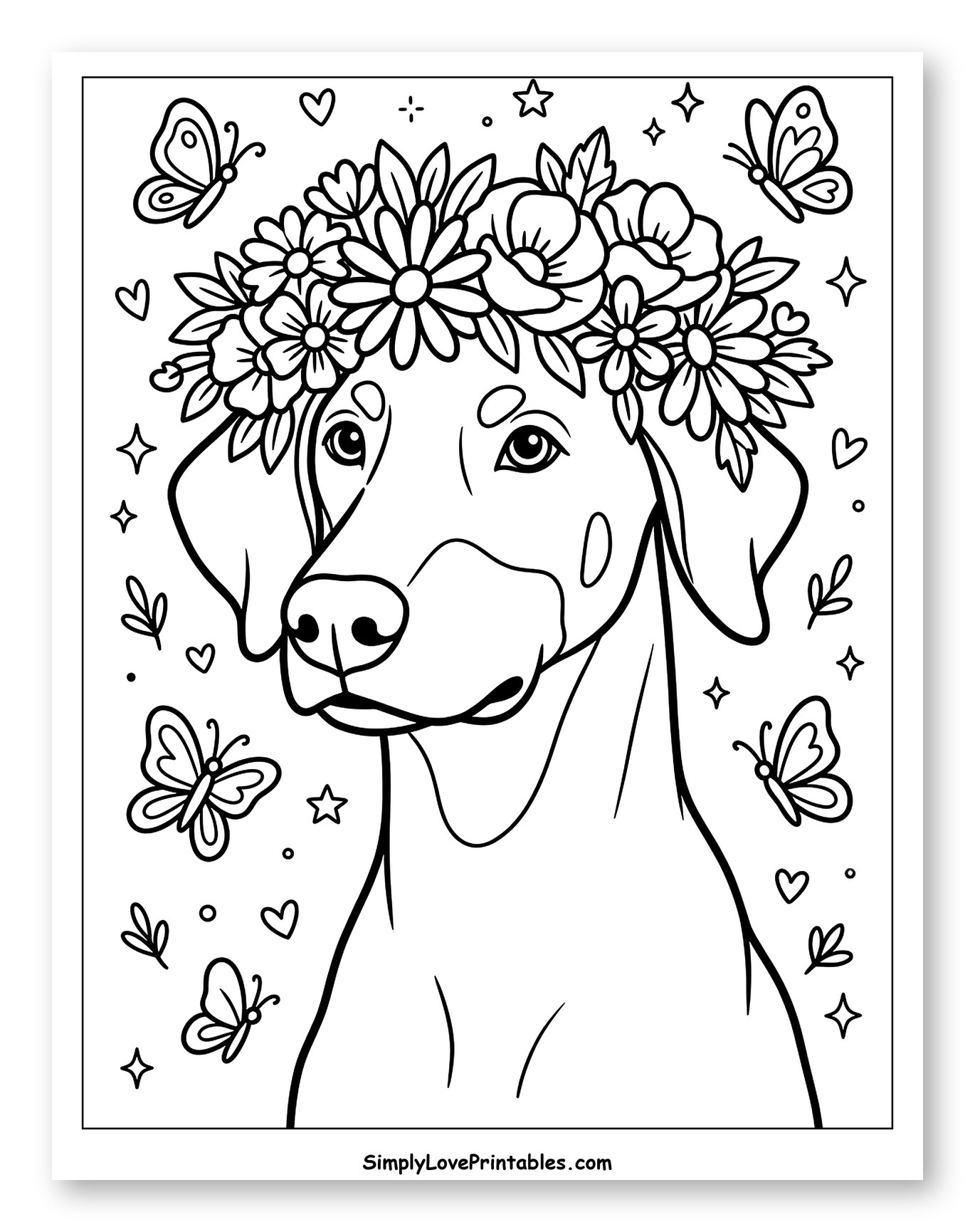 Doberman Dog with Flower Crown and Butterflies Coloring Page for Adults