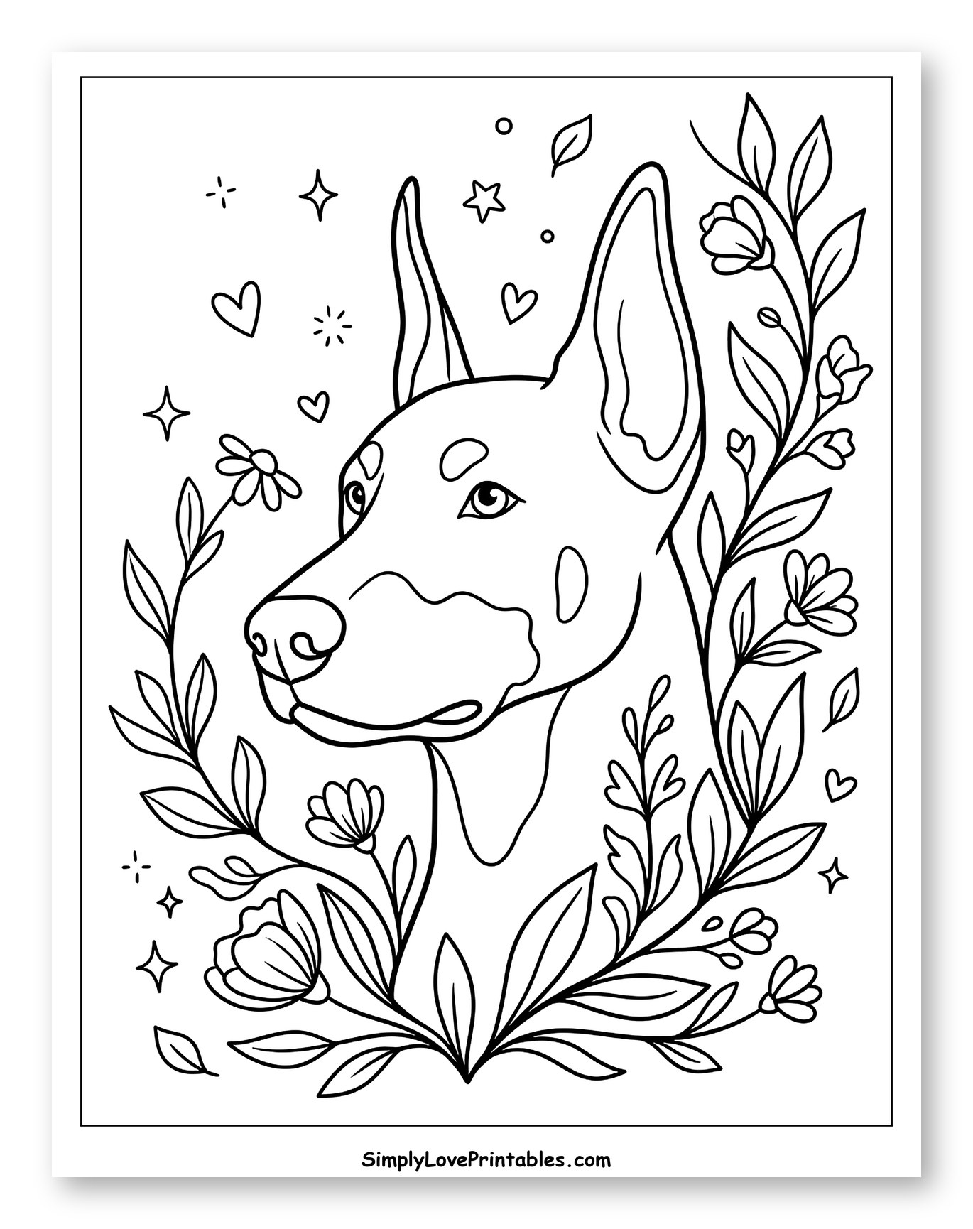 Doberman Head with Floral Border and Whimsical Elements