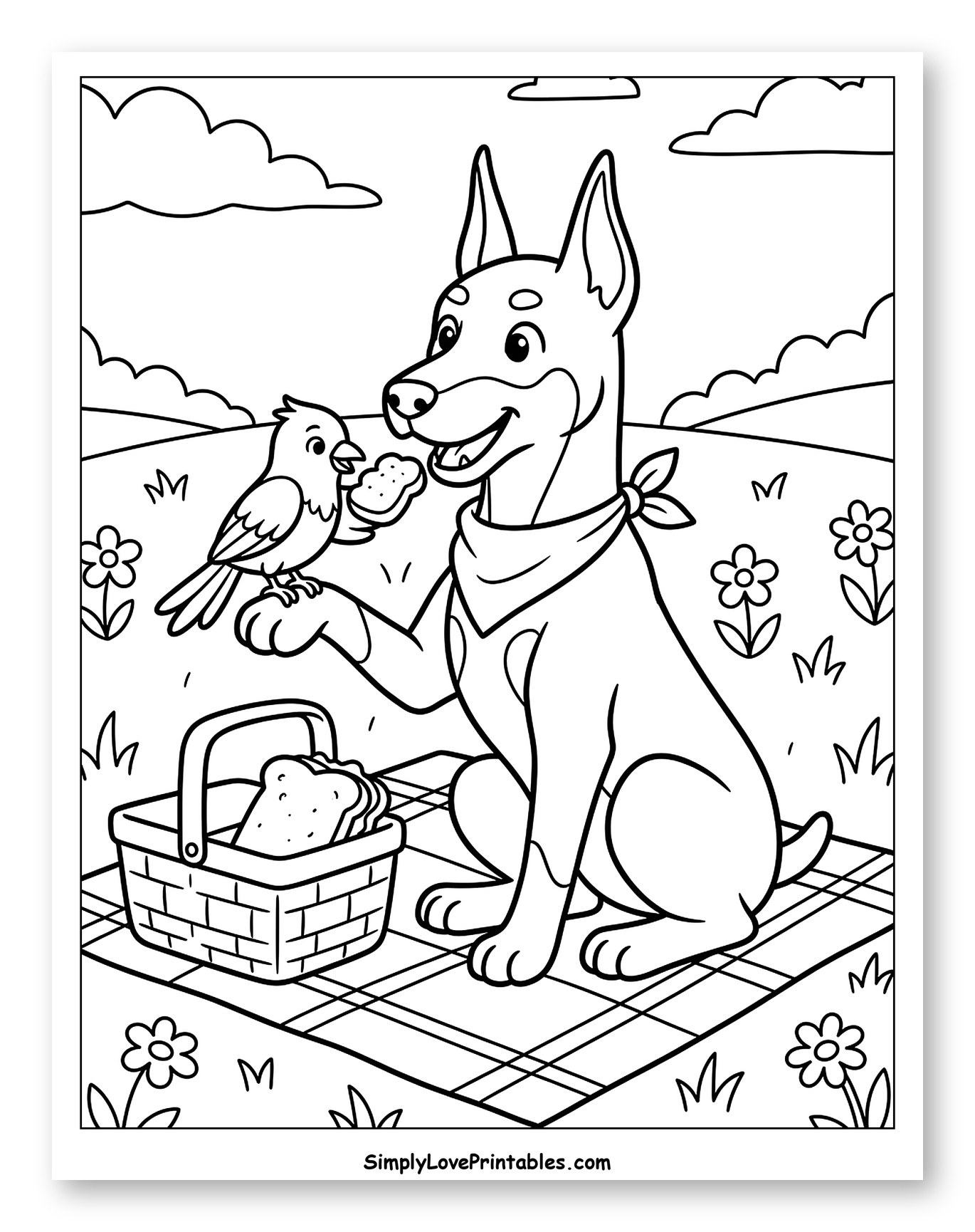 Doberman Sharing a Picnic with a Bird Coloring Page for Kids