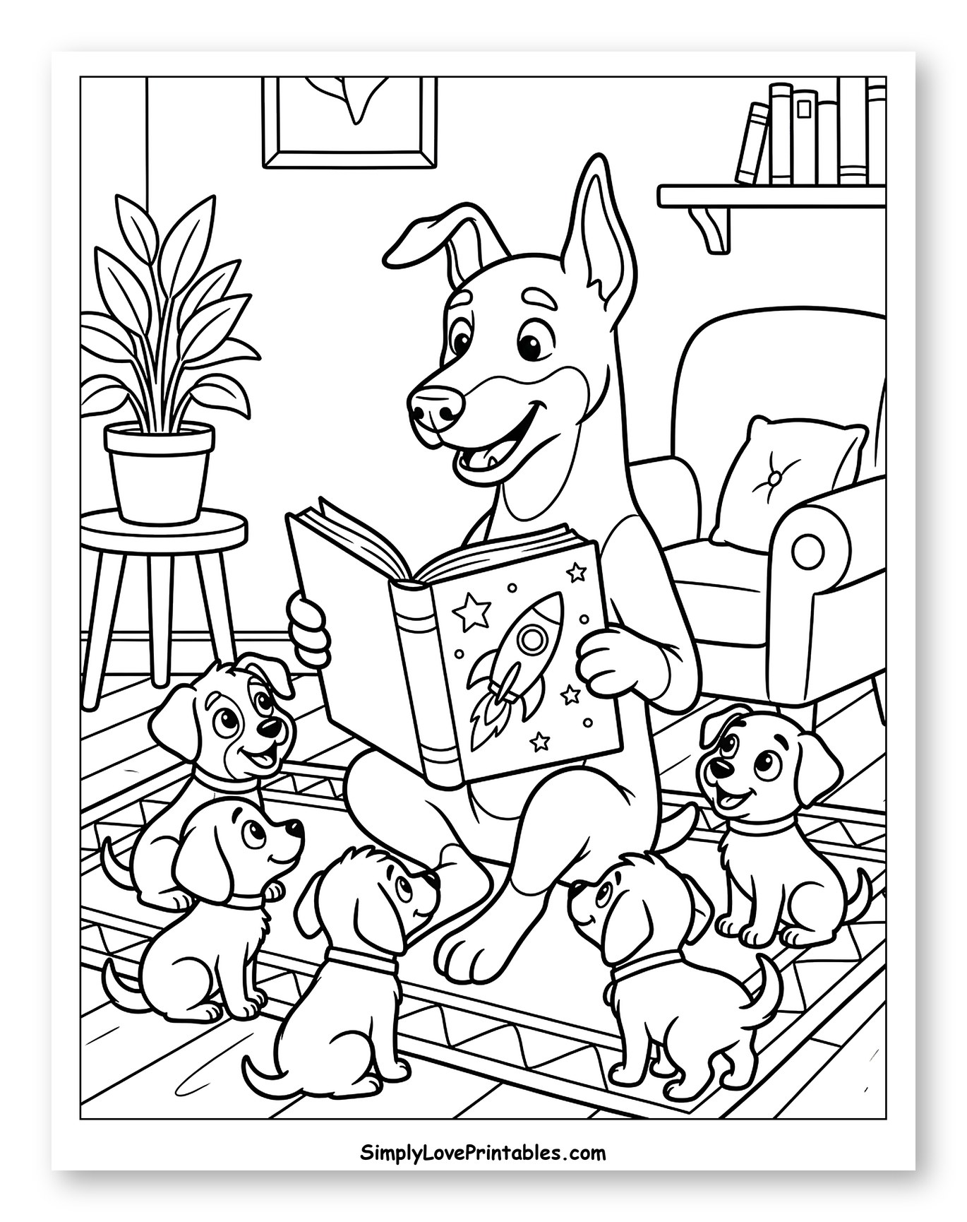 Doberman Storytime with Puppies to Color for Kids