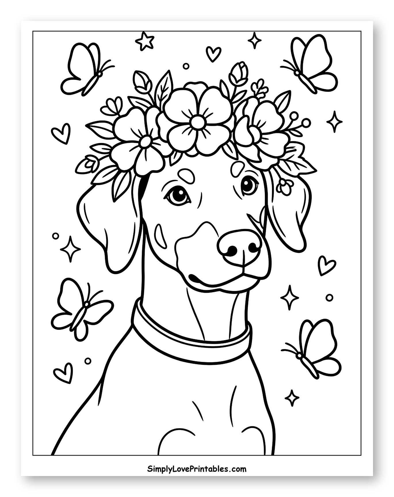 Doberman Wearing a Flower Crown with Butterflies Coloring Page for Adults