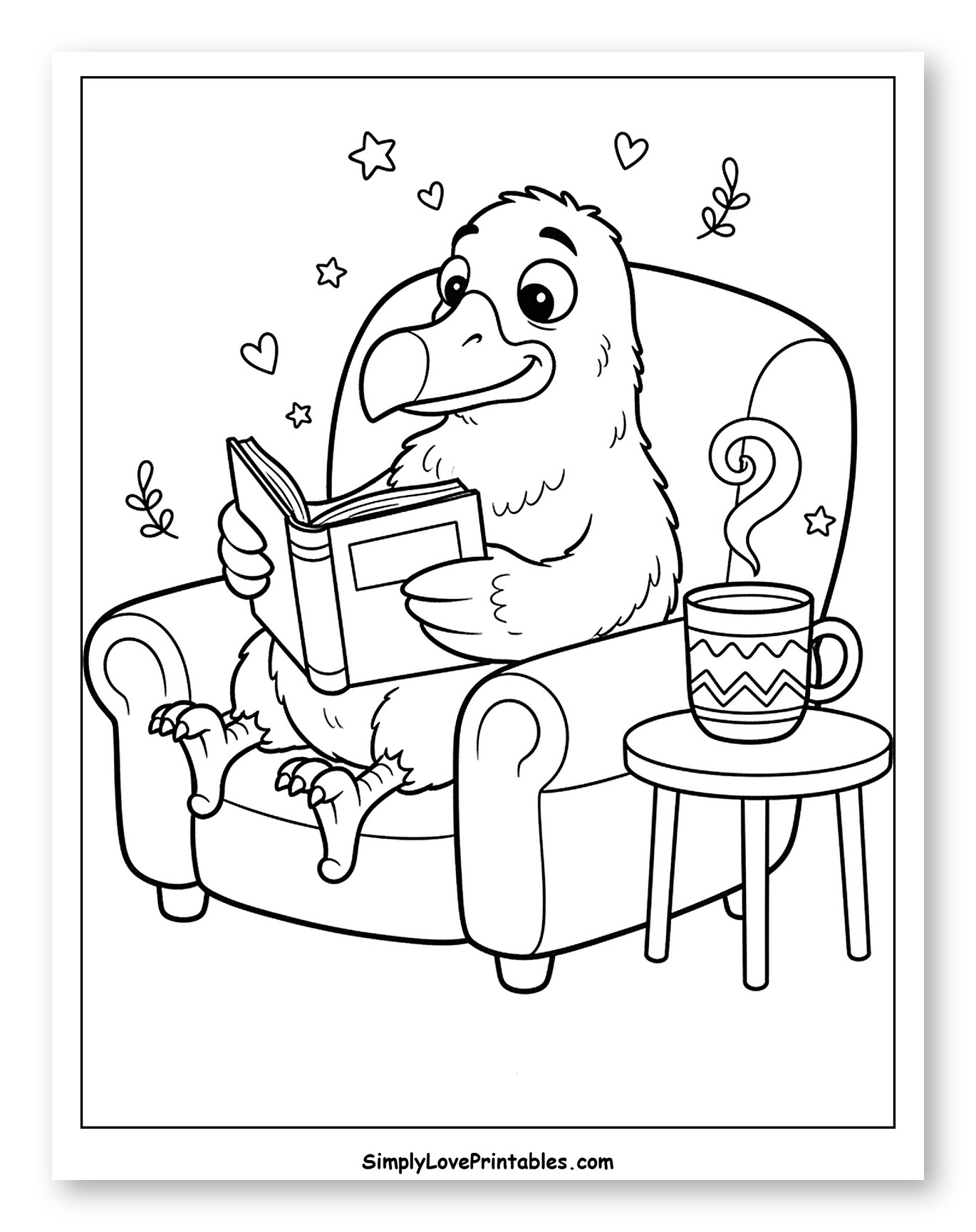 Dodo Bird Reading in an Armchair Coloring Sheet for Adults