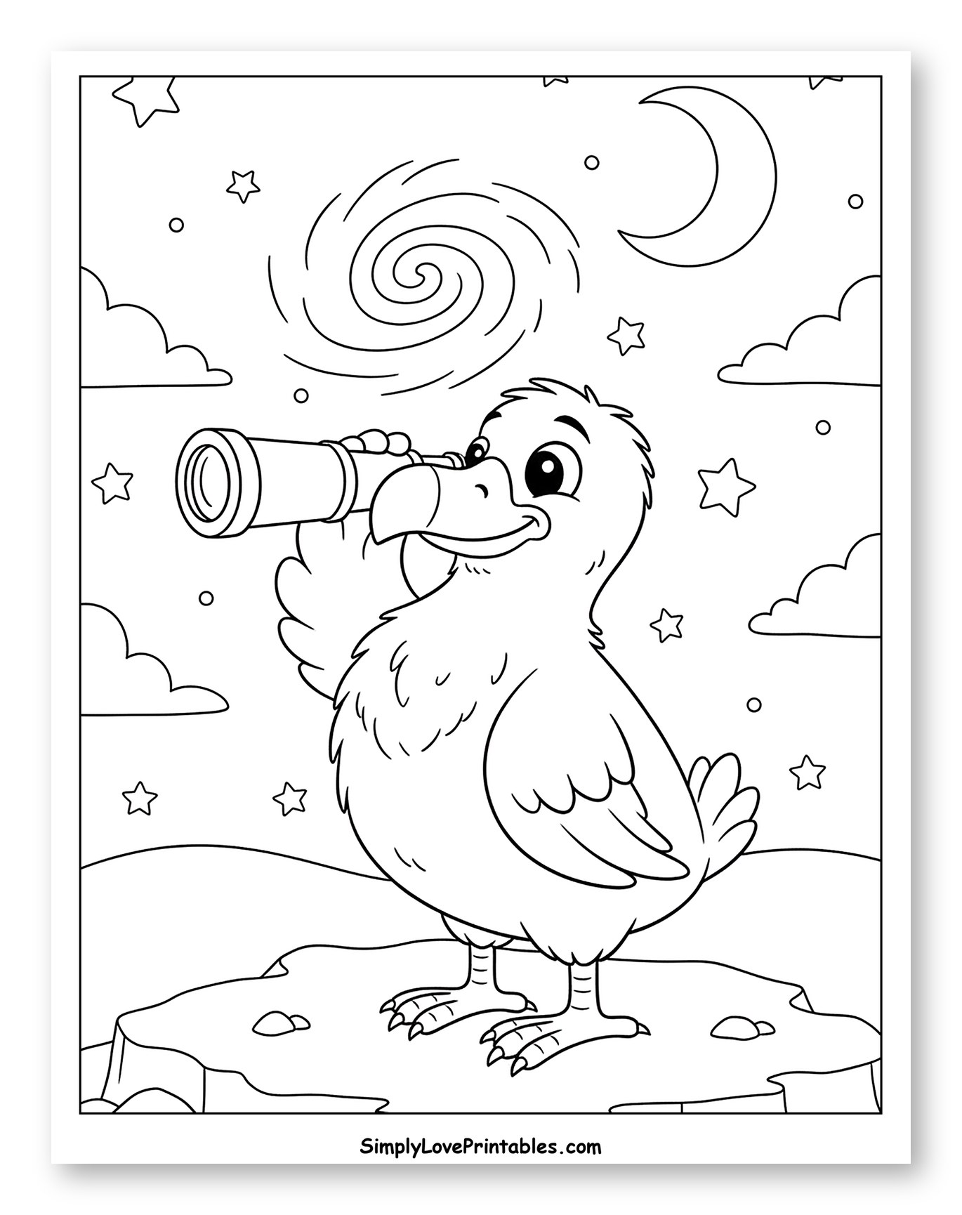 Dodo Bird Stargazing with a Telescope to Color for Kids