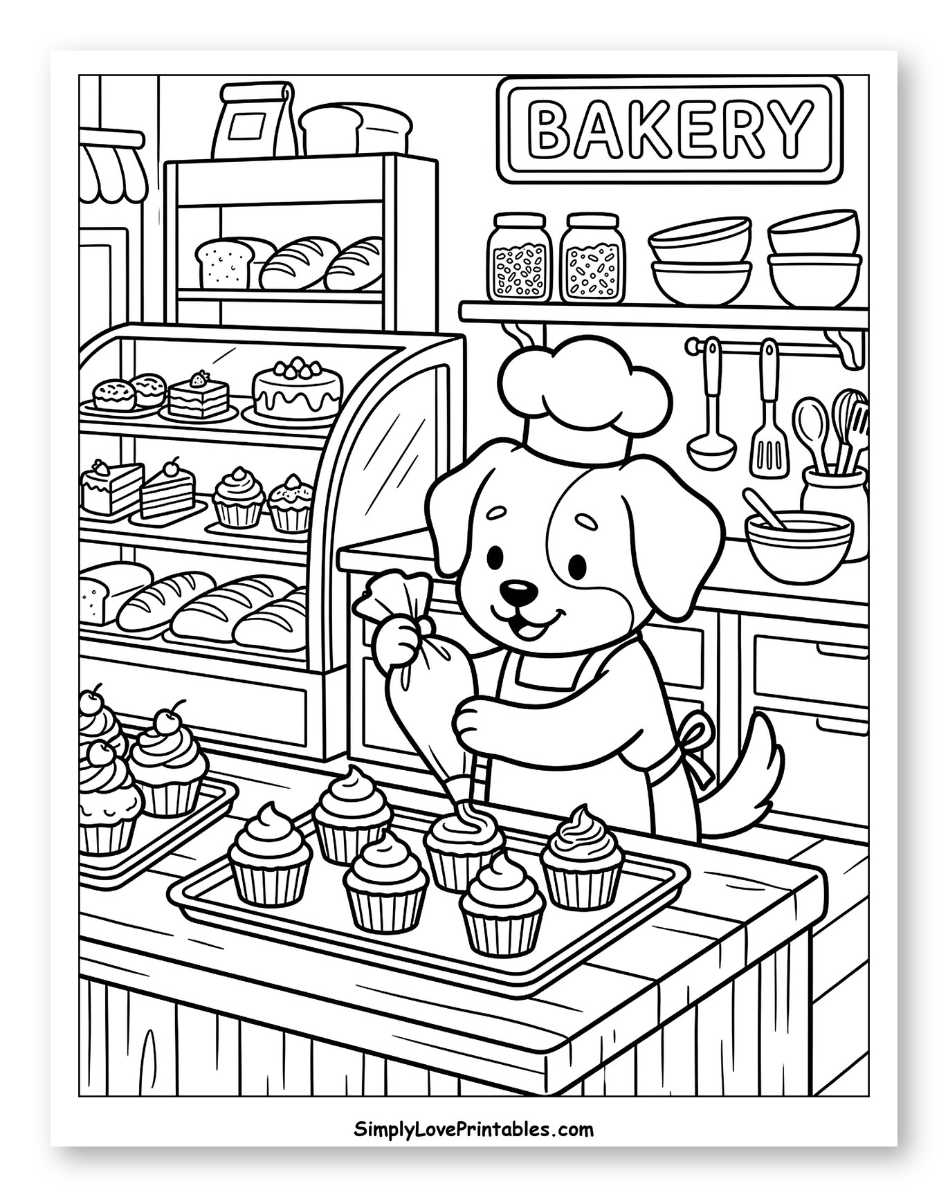 Dog Chef Decorating Cupcakes in a Bakery
