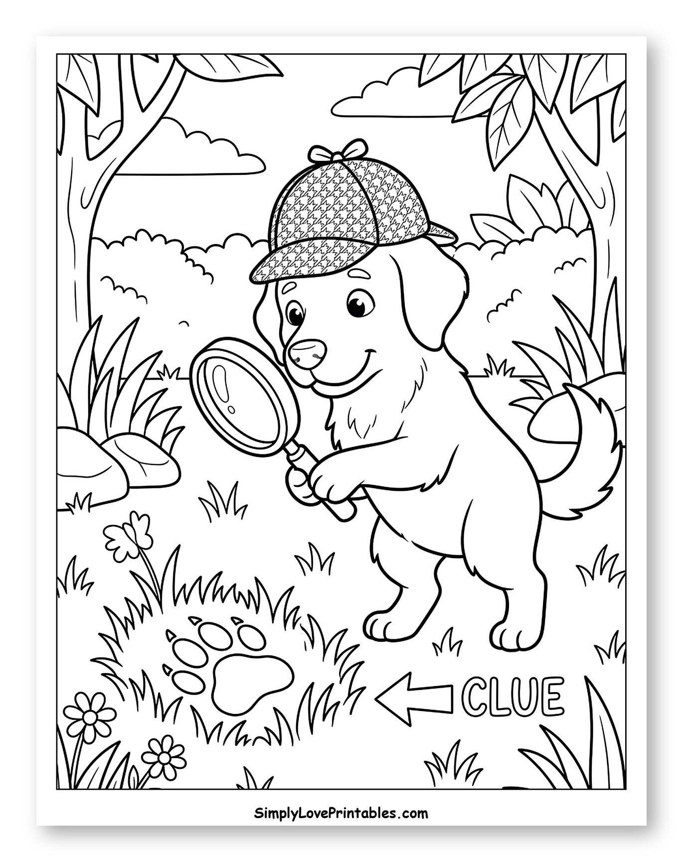 Dog Detective Examining Paw Print Clue Coloring Page for Kids